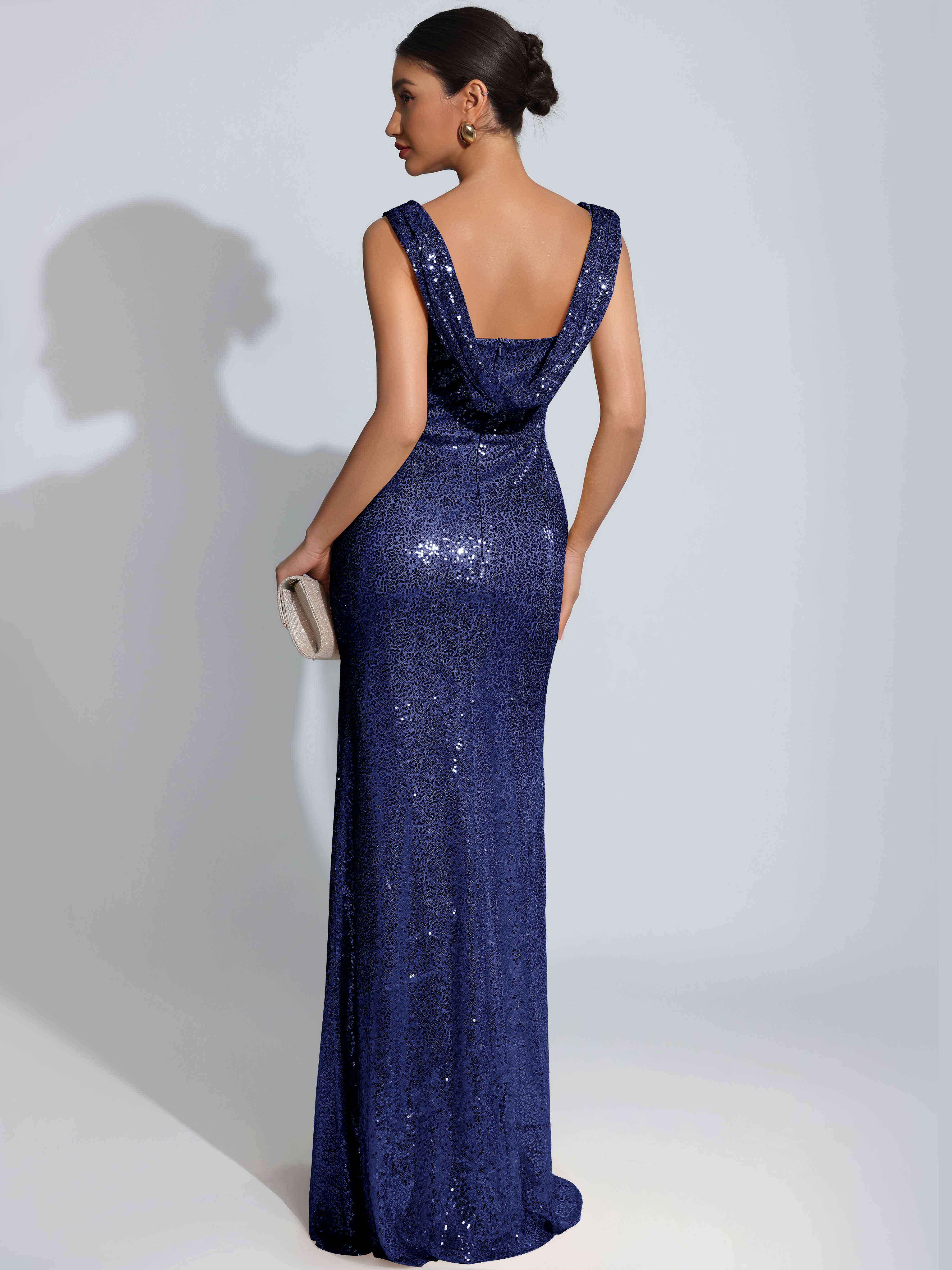 ROVDESY Sparkly Bateau Mermaid Ruched Sequin Long Prom Dress with Slit