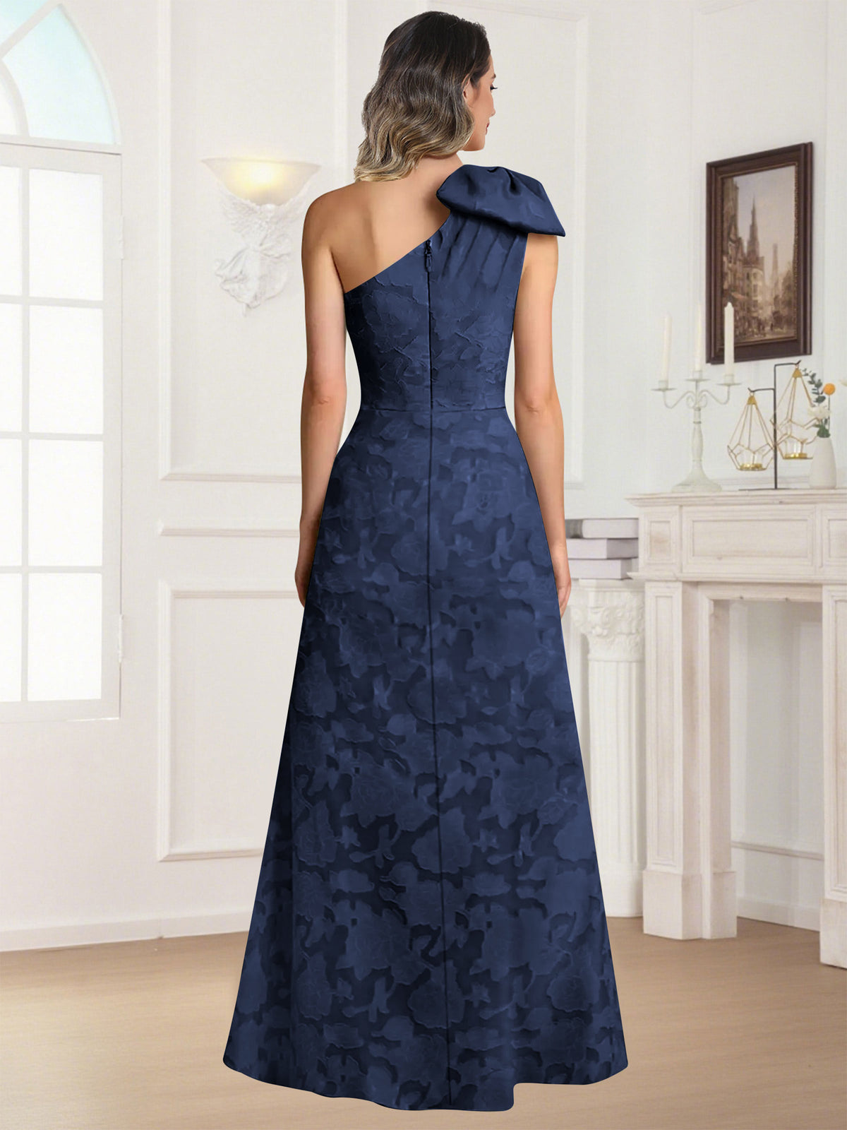 One Shoulder Floral Jacquard Mother of the Bride Dress