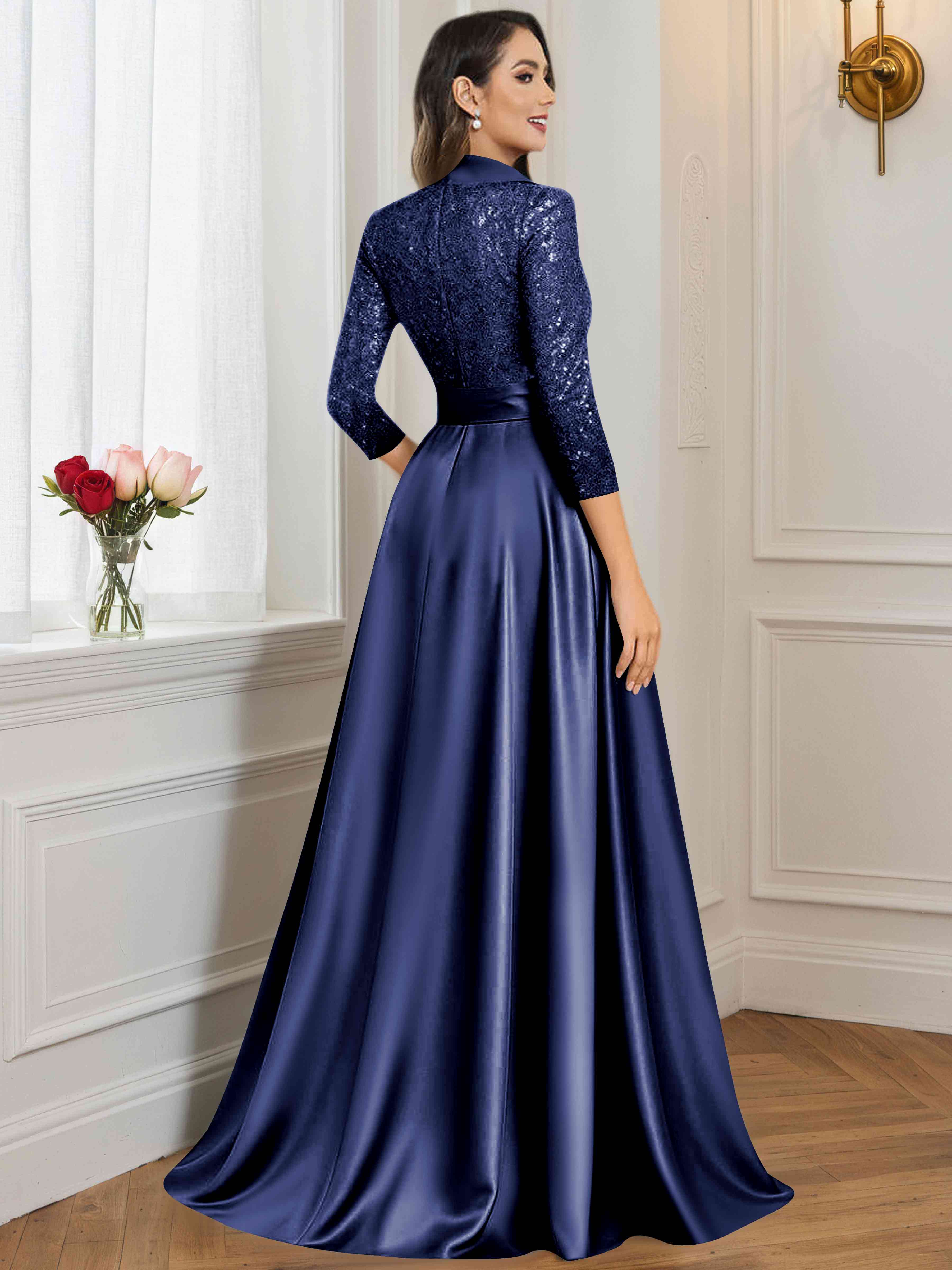 ROVDESY A-Line V Neck Sequin Satin  Long Mother of The Bride Dress Formal Gown With 3/4 Sleeves