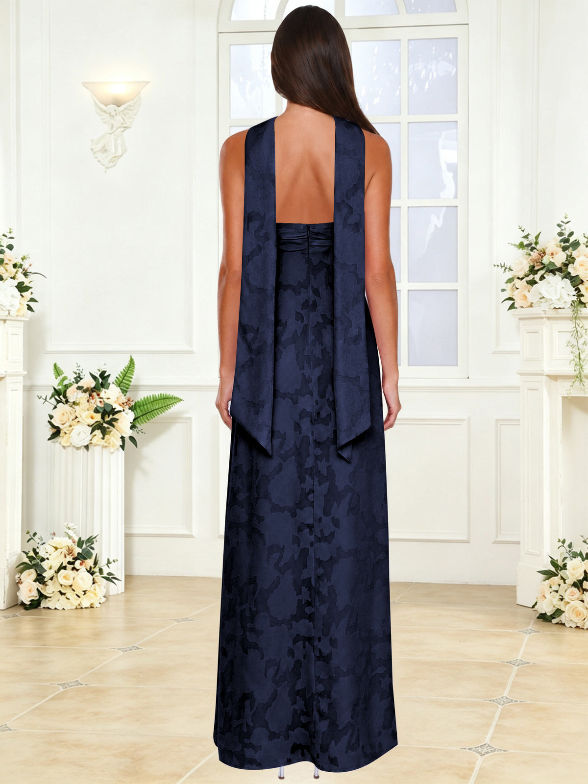 Spaghetti Strap Ruched Floral Jacquard A Line Bridesmaid Dress with Scarf