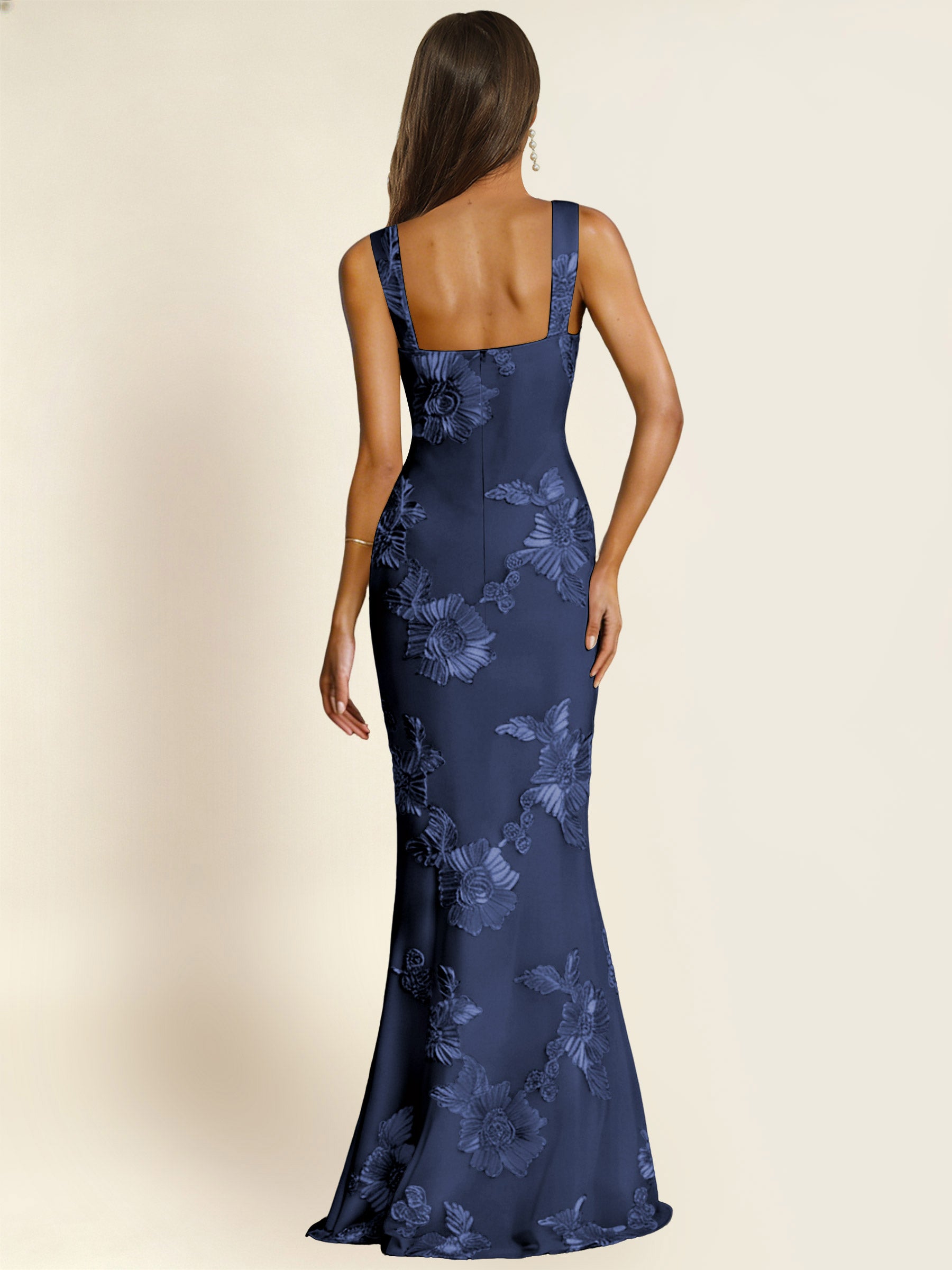 ROVDESY Square Neck Floral Applique Mermaid Long Prom/Bridesmaid Dress
