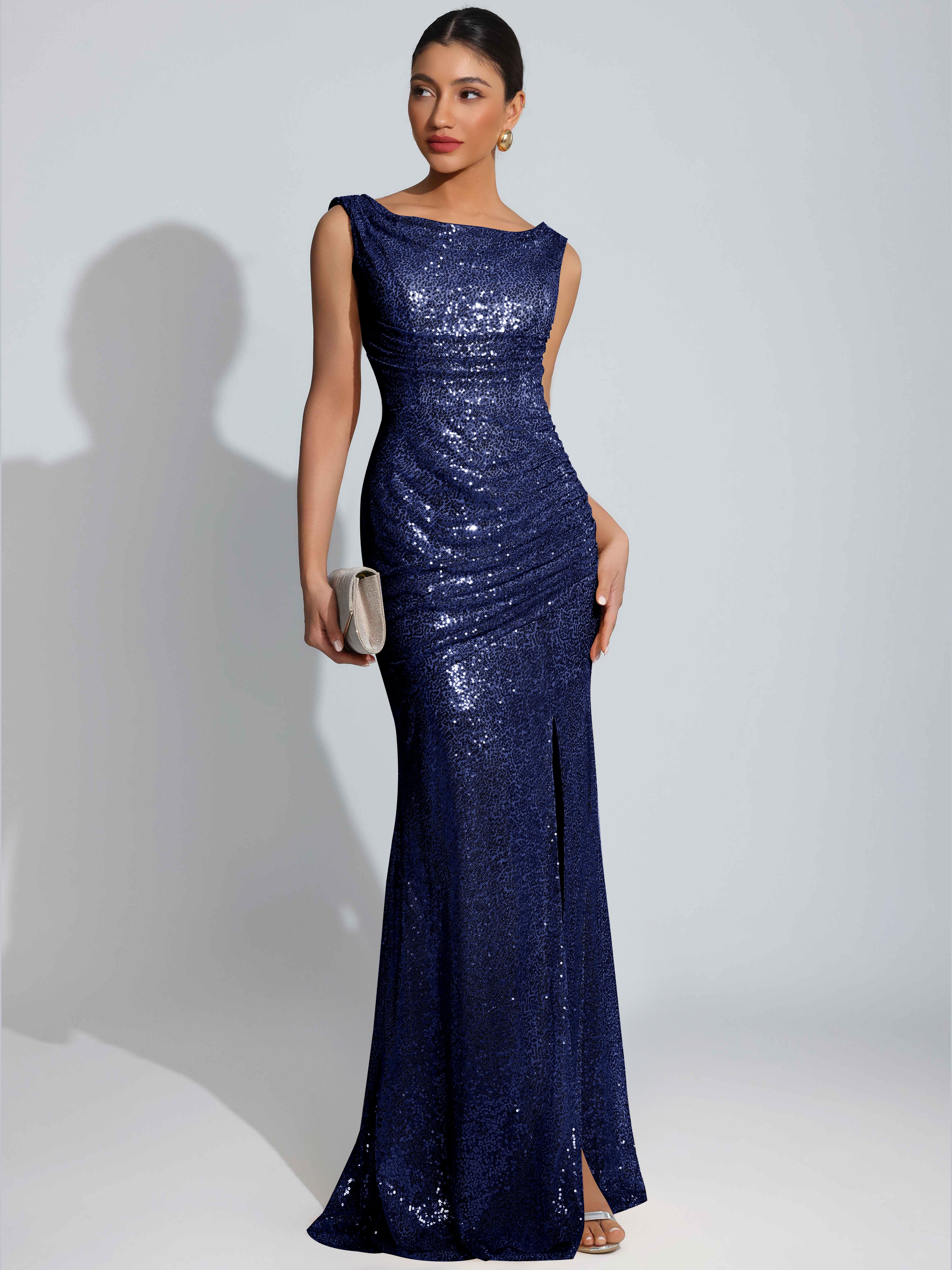 ROVDESY Sparkly Bateau Mermaid Ruched Sequin Long Prom Dress with Slit