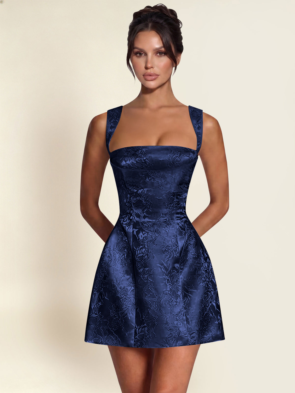 ROVDESY A-Line Square Neck Jacquard Satin Homecoming Mini Dress