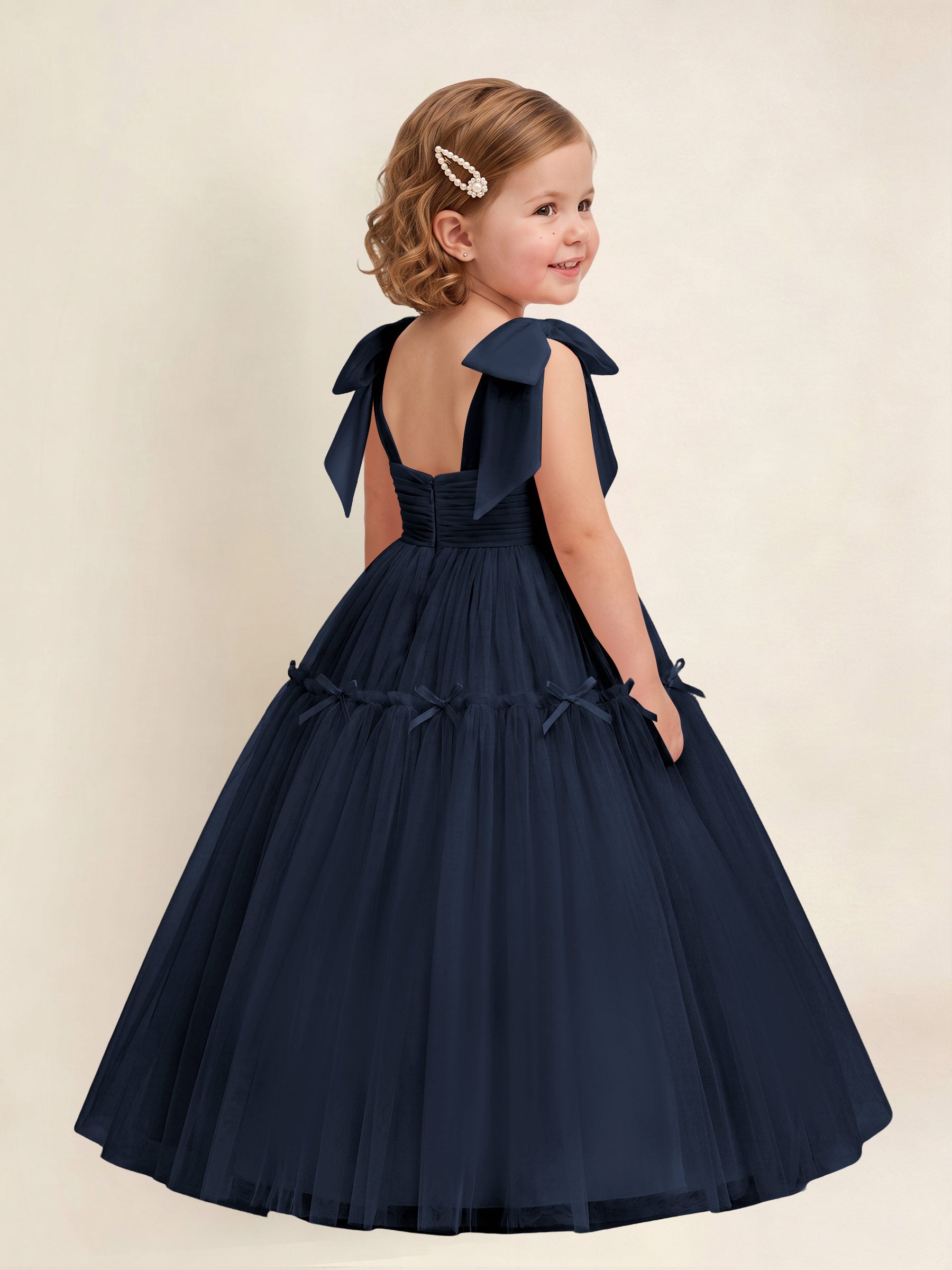ROVDESY A-Line Tulle Flower Girl Dress With Bow Long Ball Gown Dress
