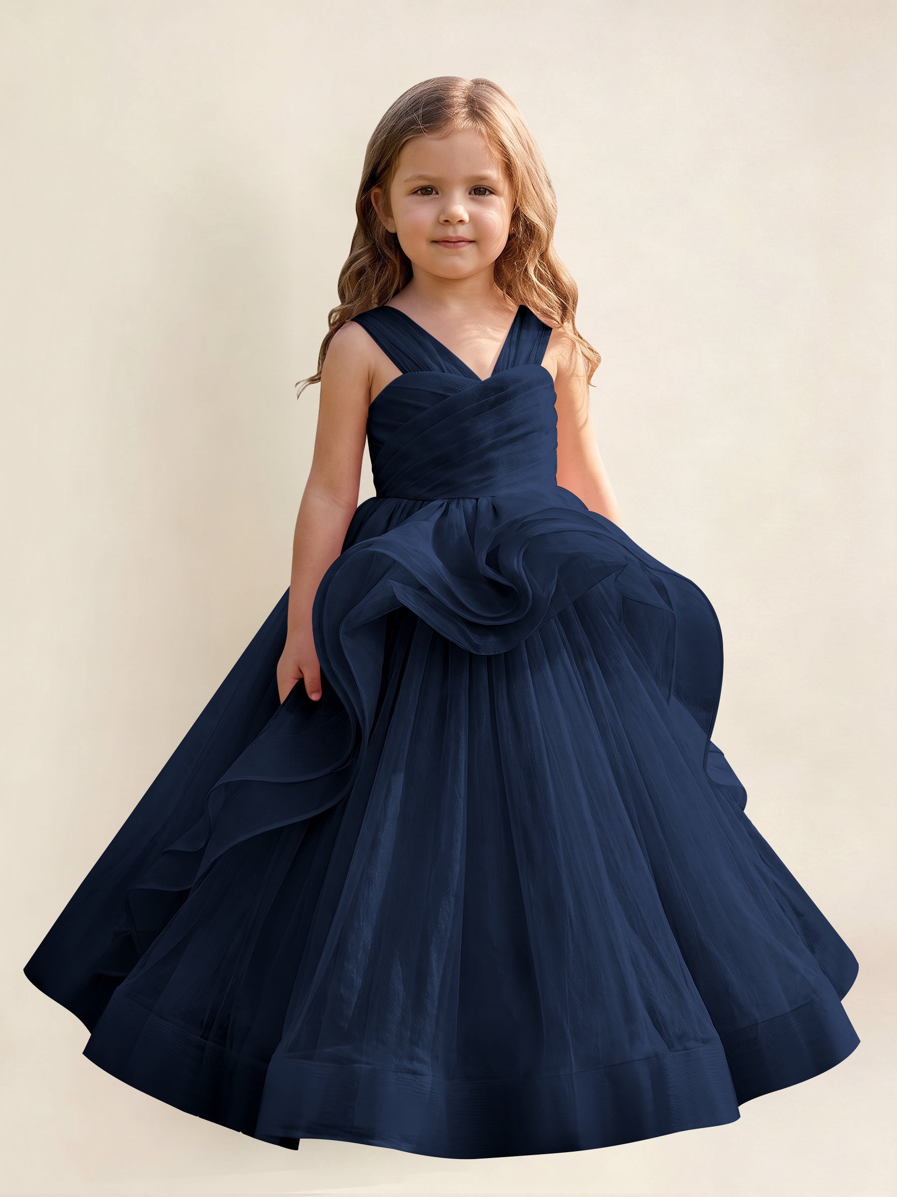 ROVDESY A-Line V-Neck Tulle Flower Girl Dress With Sleeveless Long Ball Gown Dress