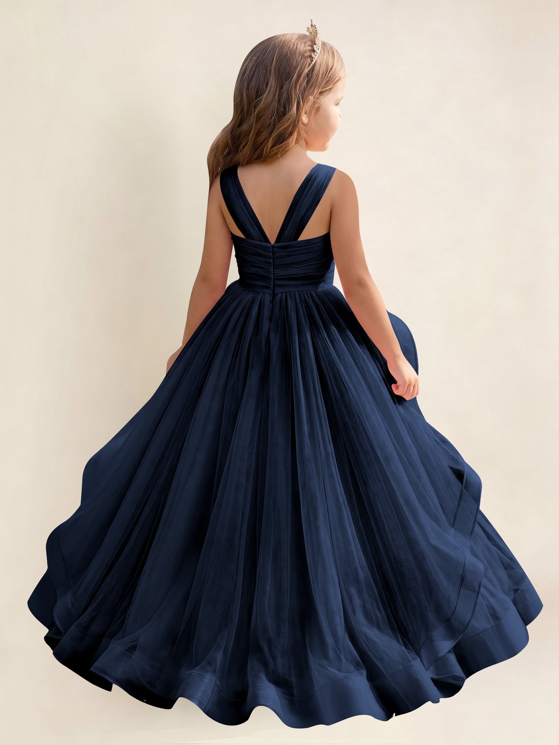 ROVDESY A-Line V-Neck Tulle Flower Girl Dress With Sleeveless Long Ball Gown Dress