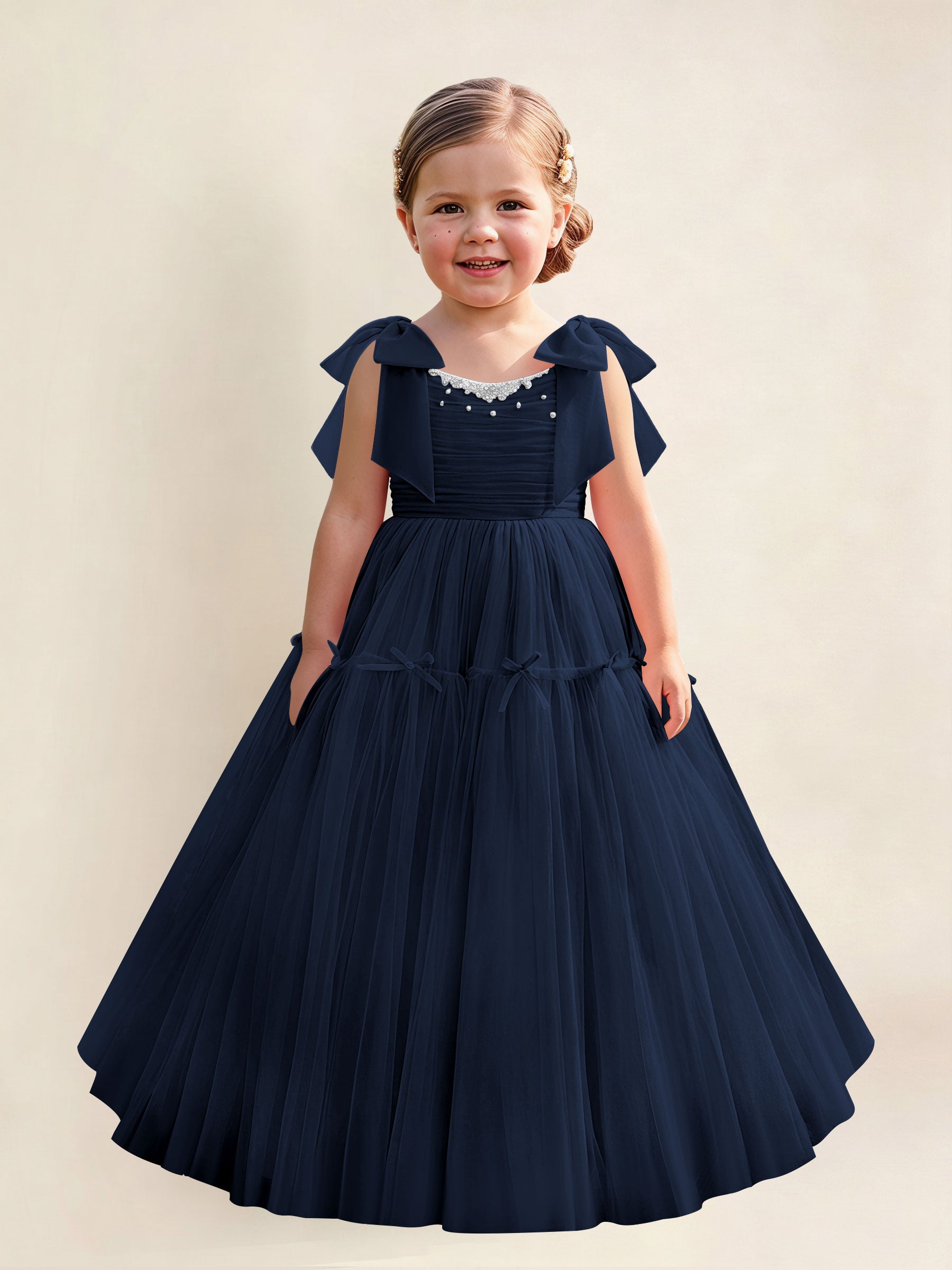 ROVDESY A-Line Tulle Flower Girl Dress With Bow Long Ball Gown Dress