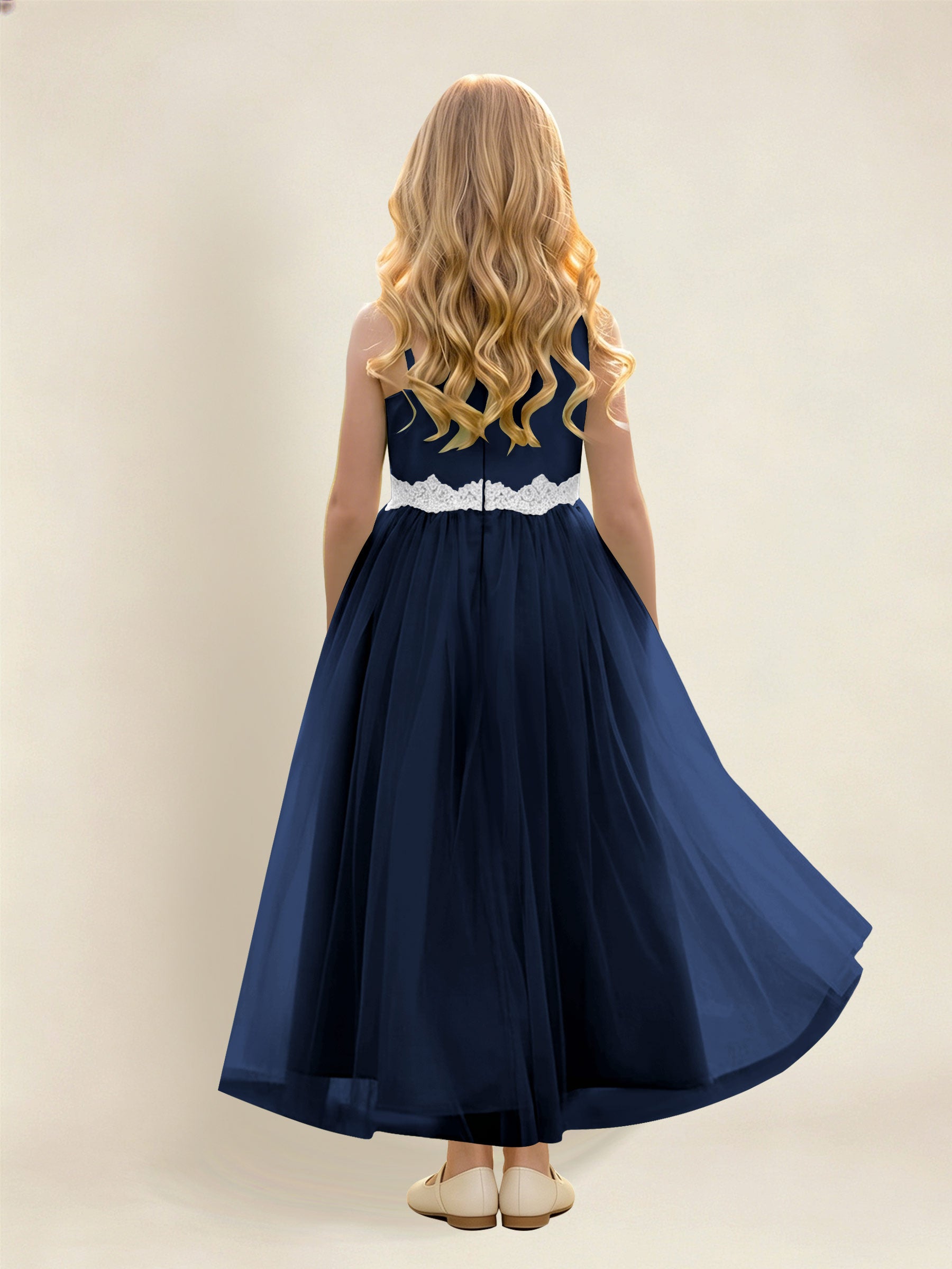 ROVDESY Asymmetric One Shoulder  Satin  Tulle Junior Bridesmaid Dress