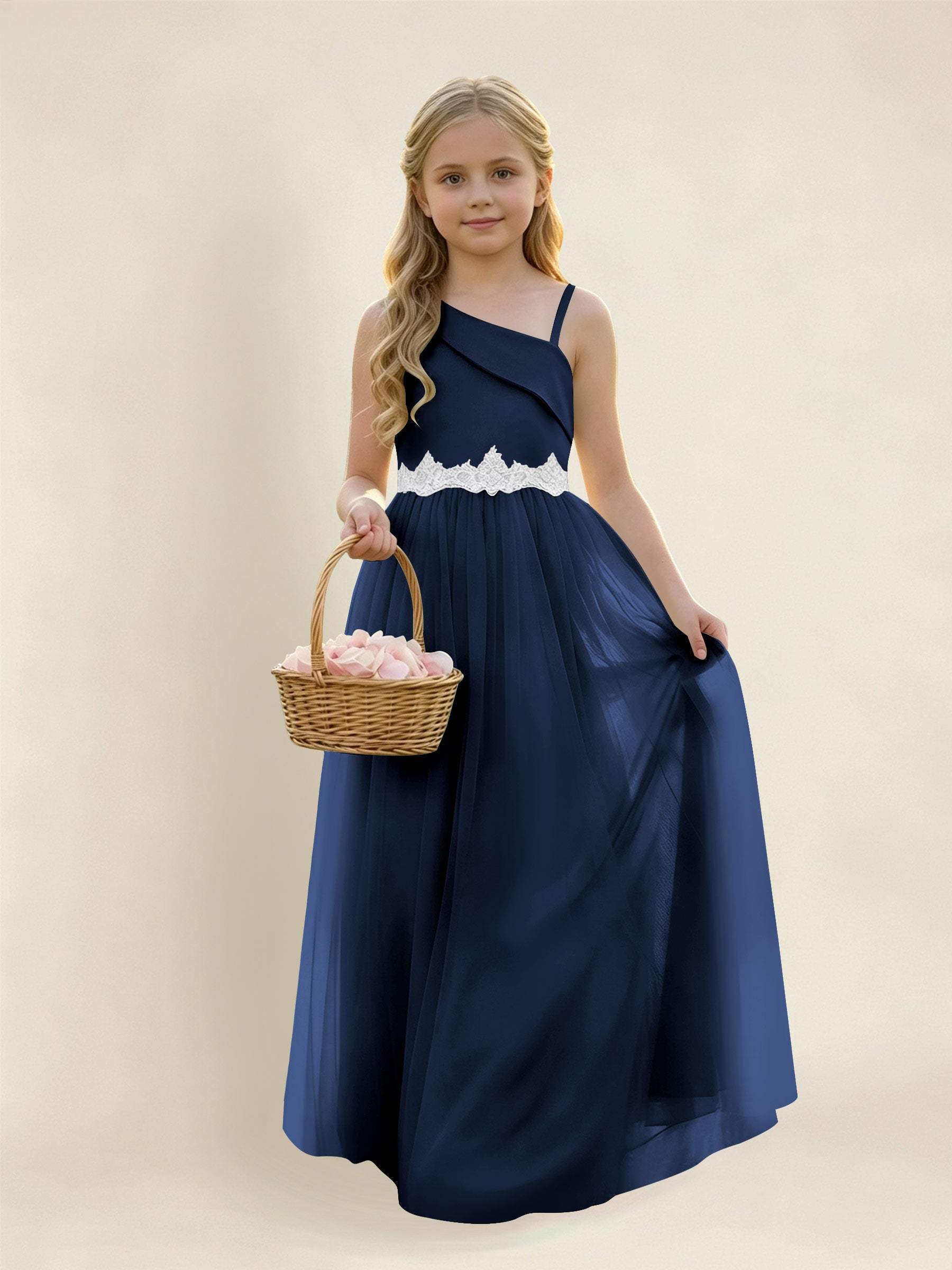 ROVDESY Asymmetric One Shoulder  Satin  Tulle Junior Bridesmaid Dress