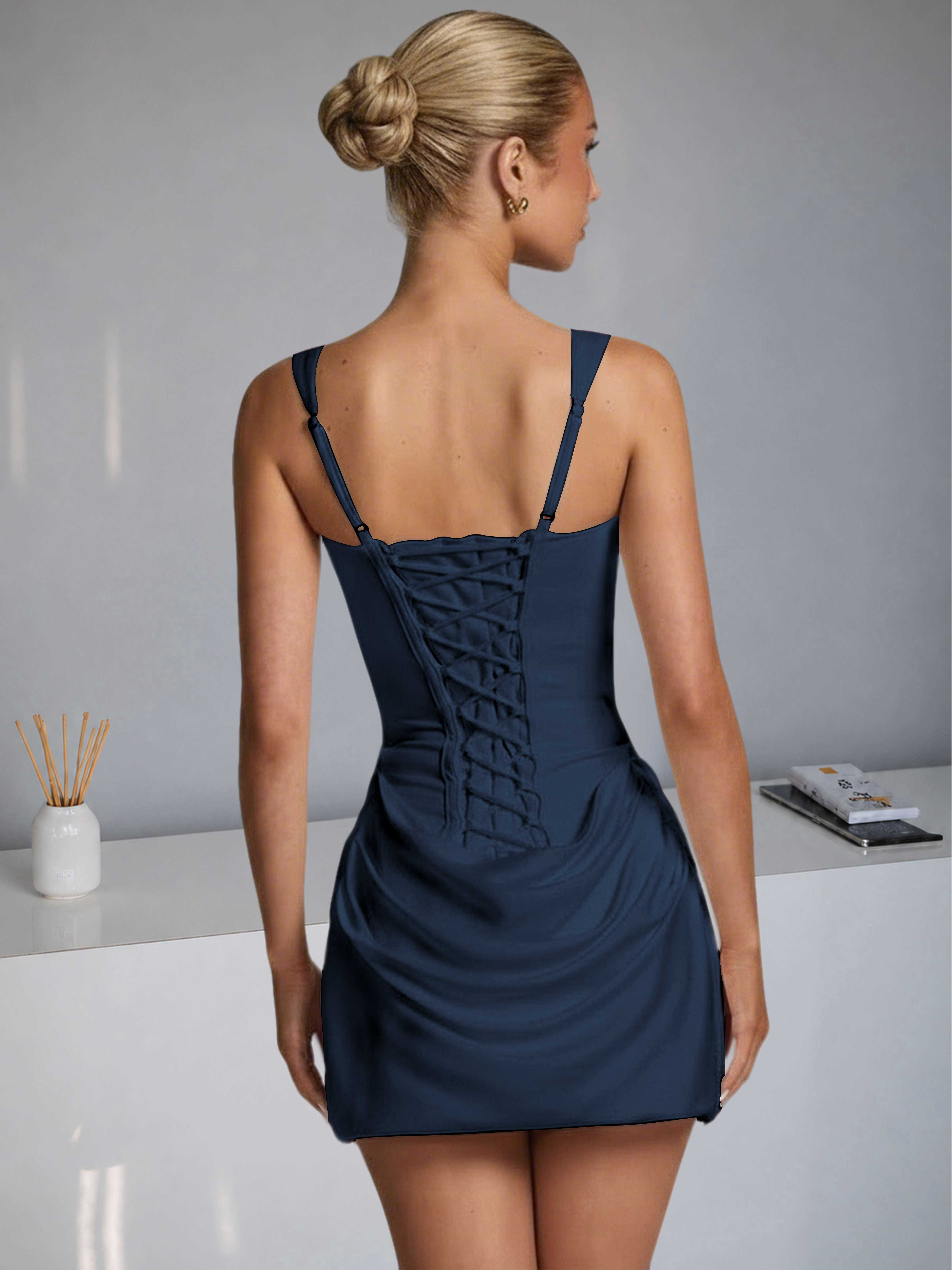 ROVDESY Square Neck Ruched Satin Homecoming Mini Dress