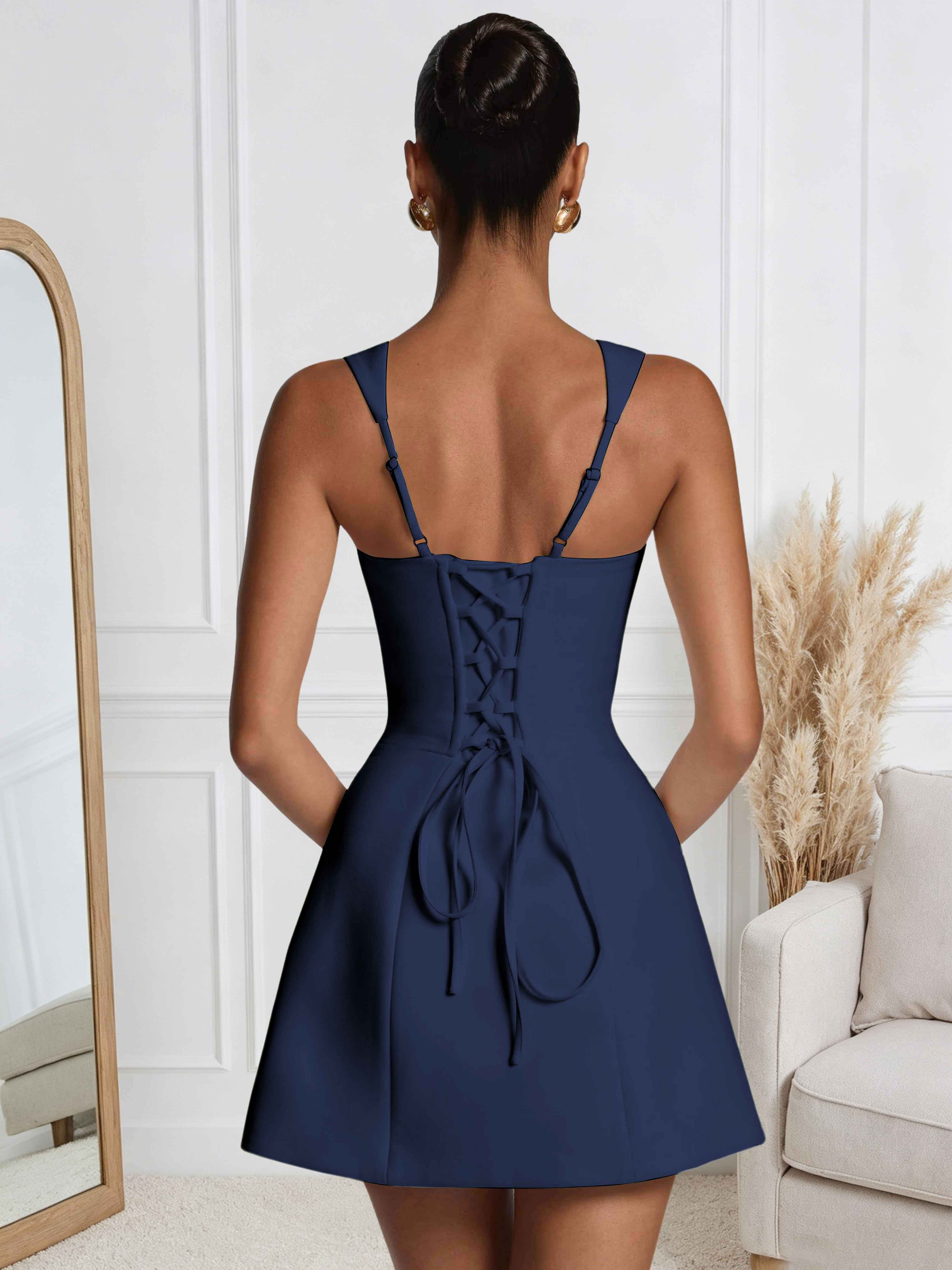 ROVDESY A-Line Square Neck Satin Homecoming Mini Dress