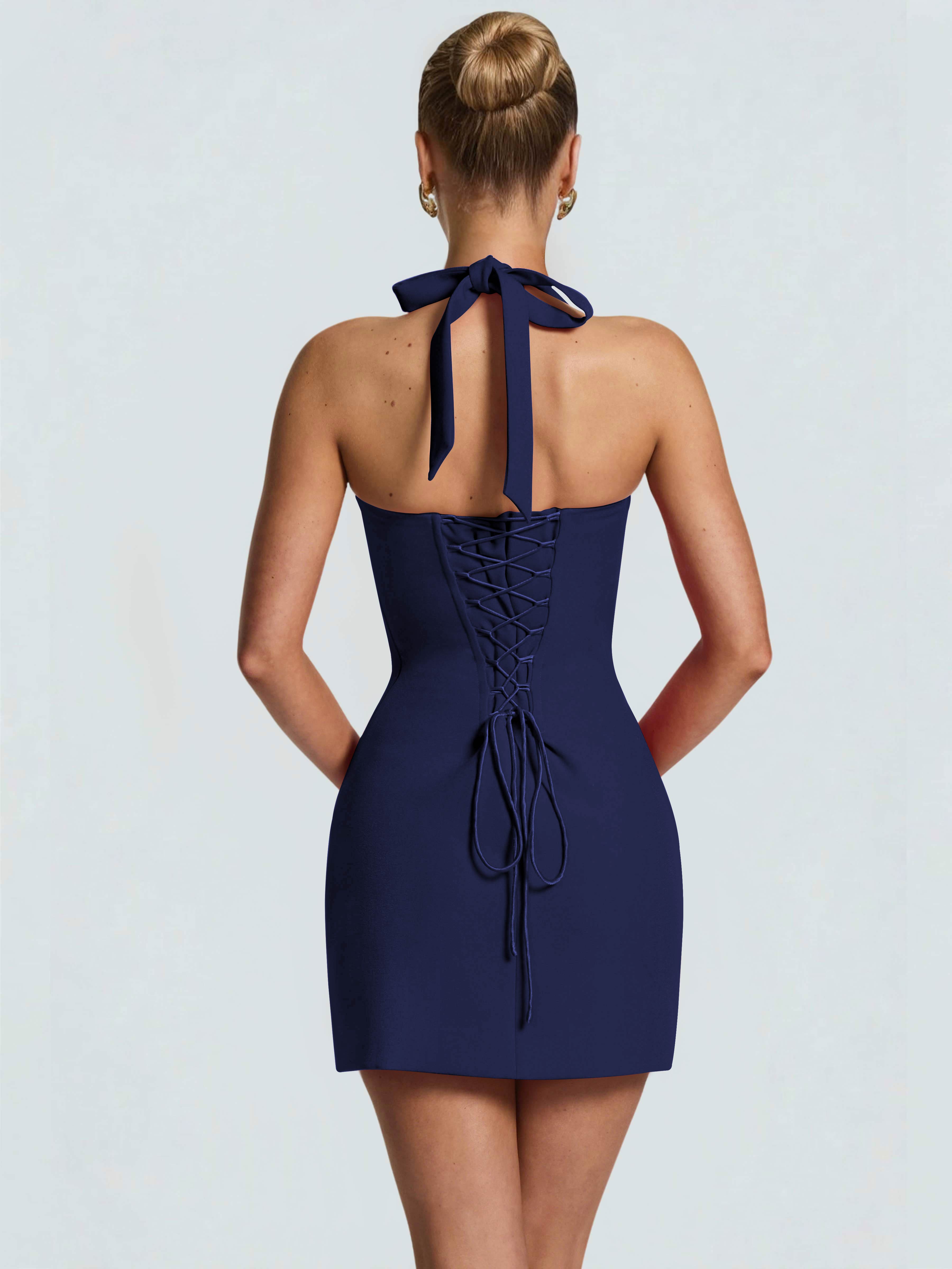 ROVDESY Halter Lace Satin Tight Homecoming Mini Dress