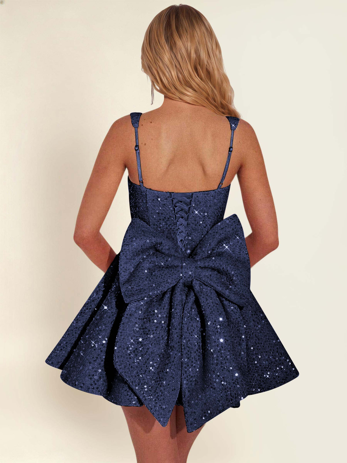 ROVDESY Sparkly Sequin A-Line Square Neck Homecoming Mini Dress With Big Bow