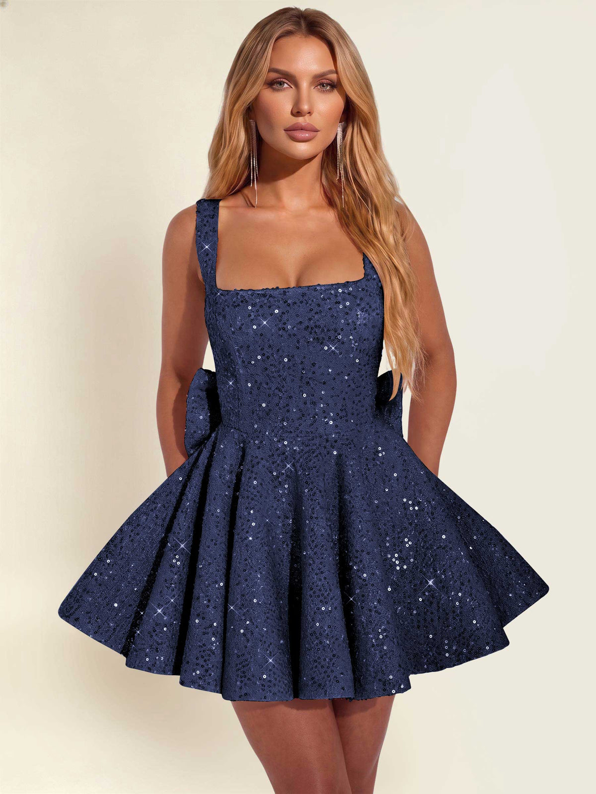 ROVDESY Sparkly Sequin A-Line Square Neck Homecoming Mini Dress With Big Bow