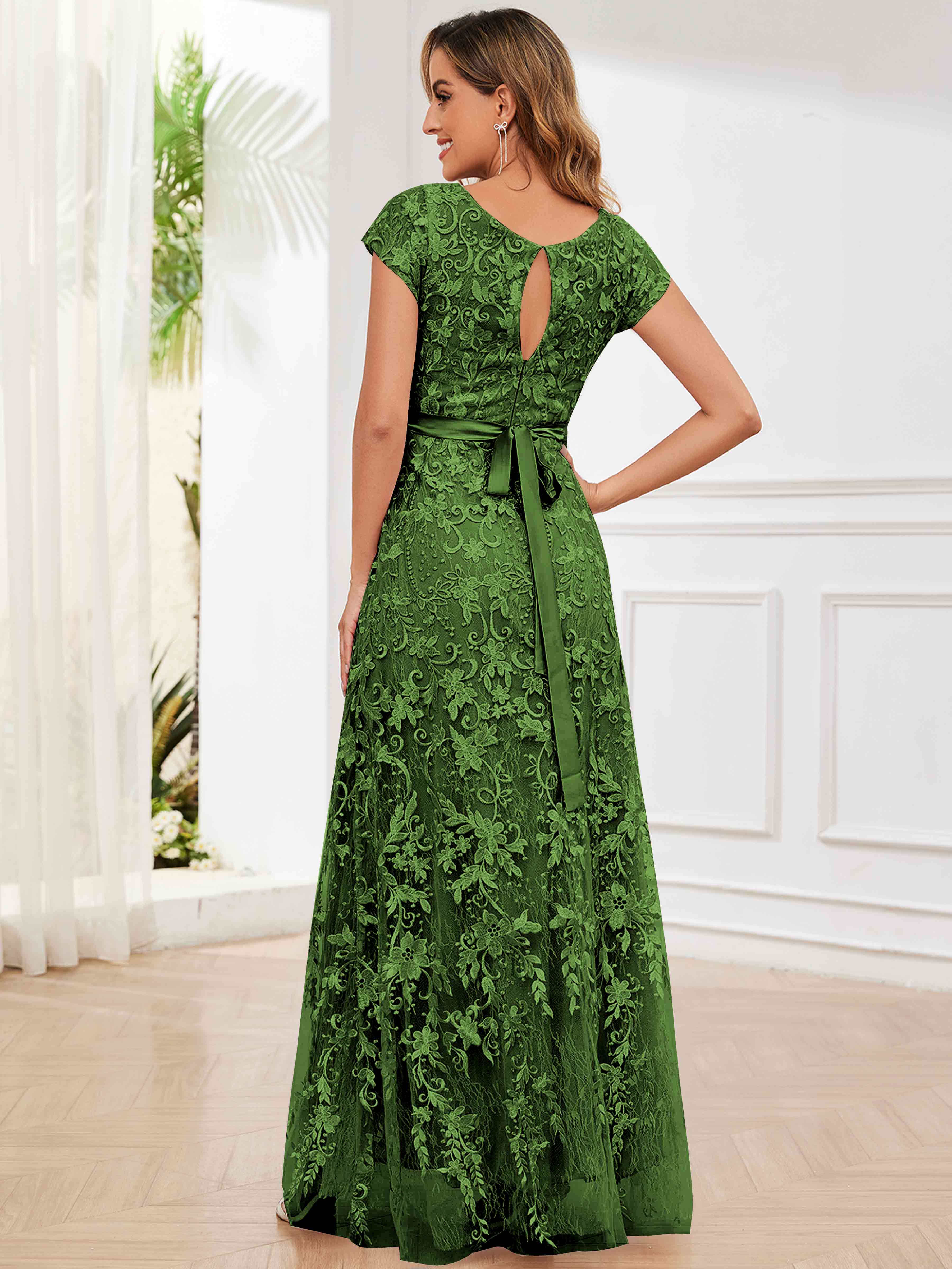 ROVDESY Elegant Lace Mother Of The Bride Dress With Short Sleeves Formal Gown
