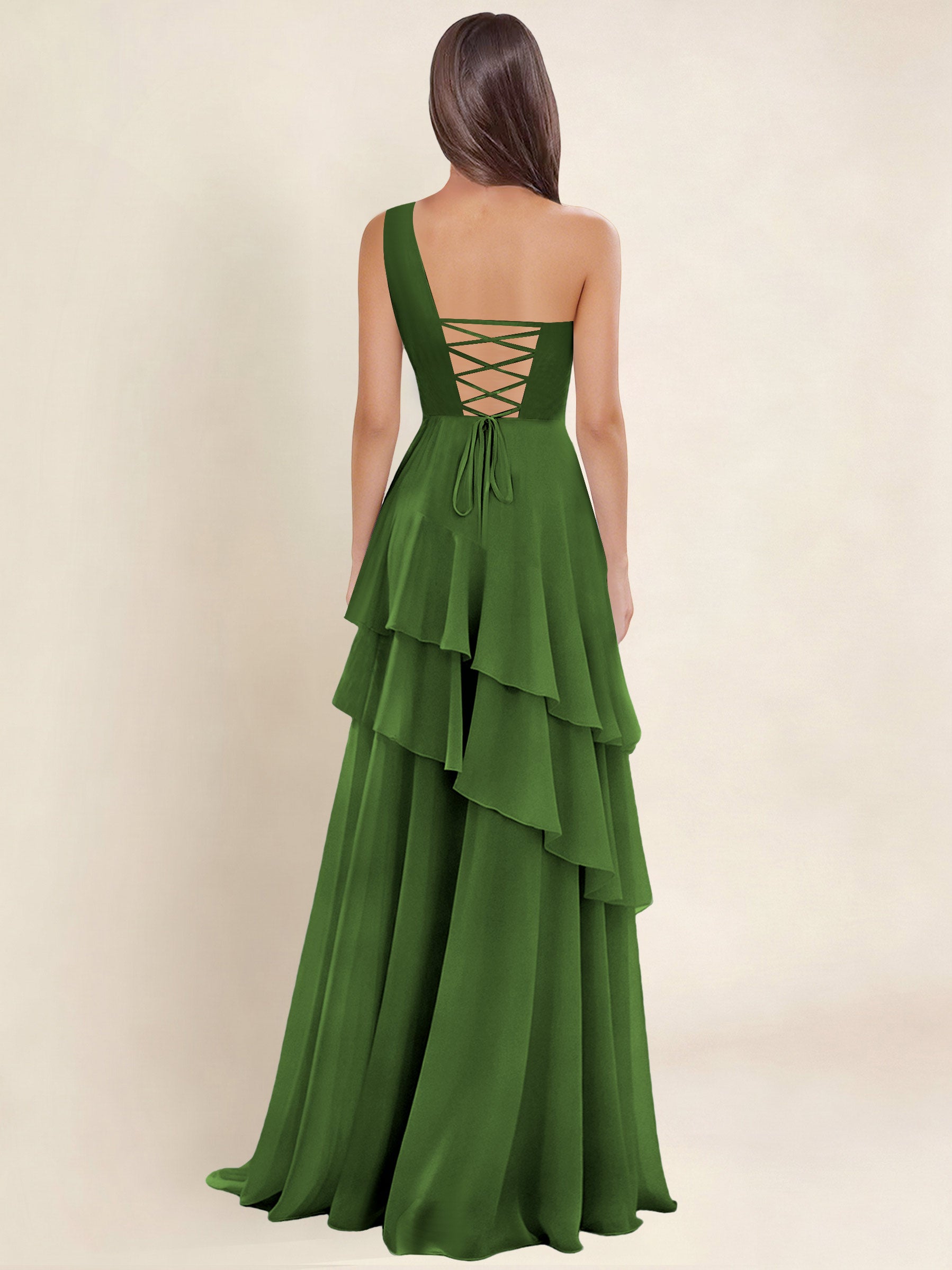 ROVDESY A-Line One Shoulder Pleated Tiered Chiffon Bridesmaid Dress