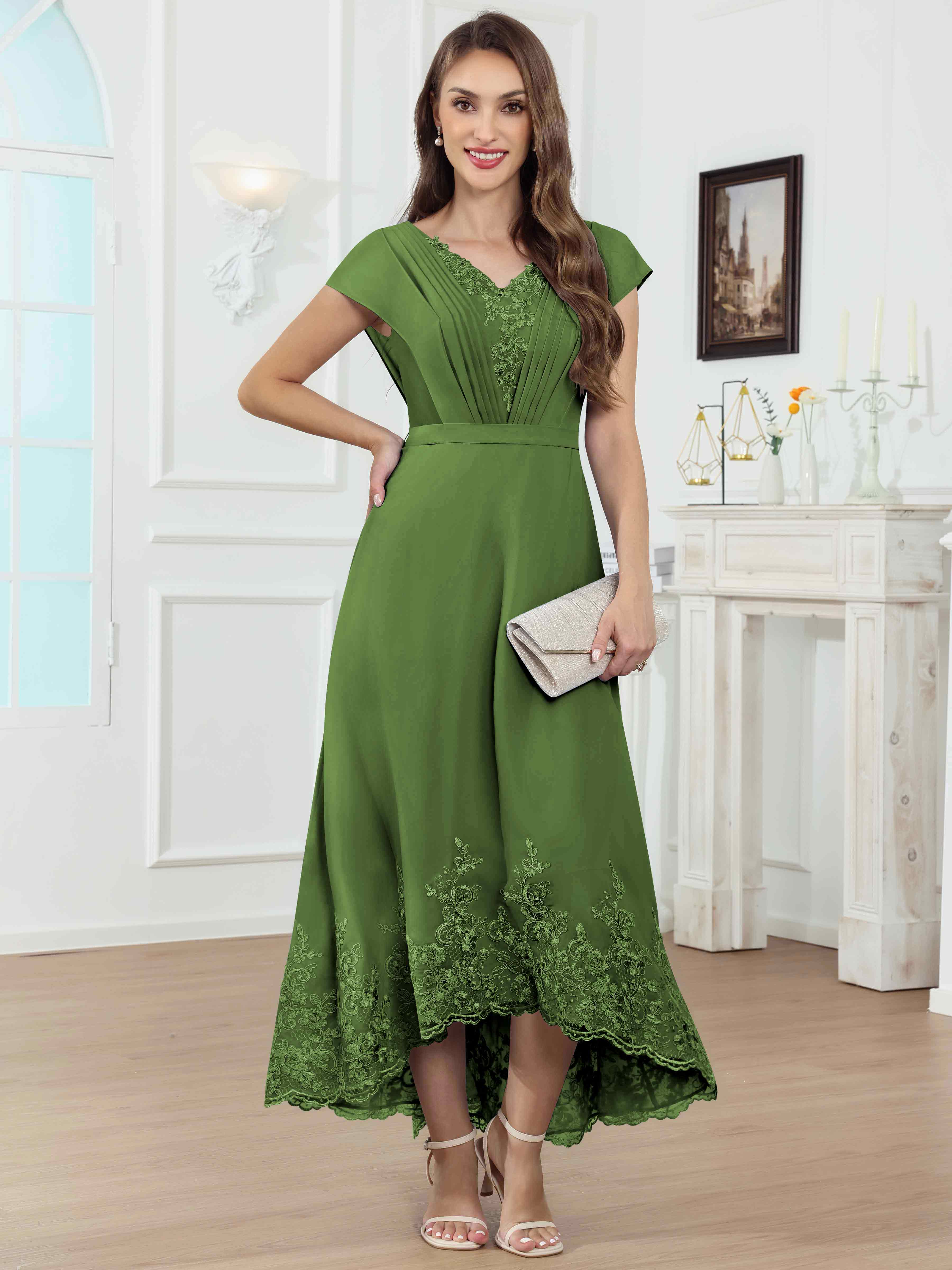 ROVDESY Tea Length High-Low V-Neck Ruched Lace Chiffon Mother of The Bride Dress for Women