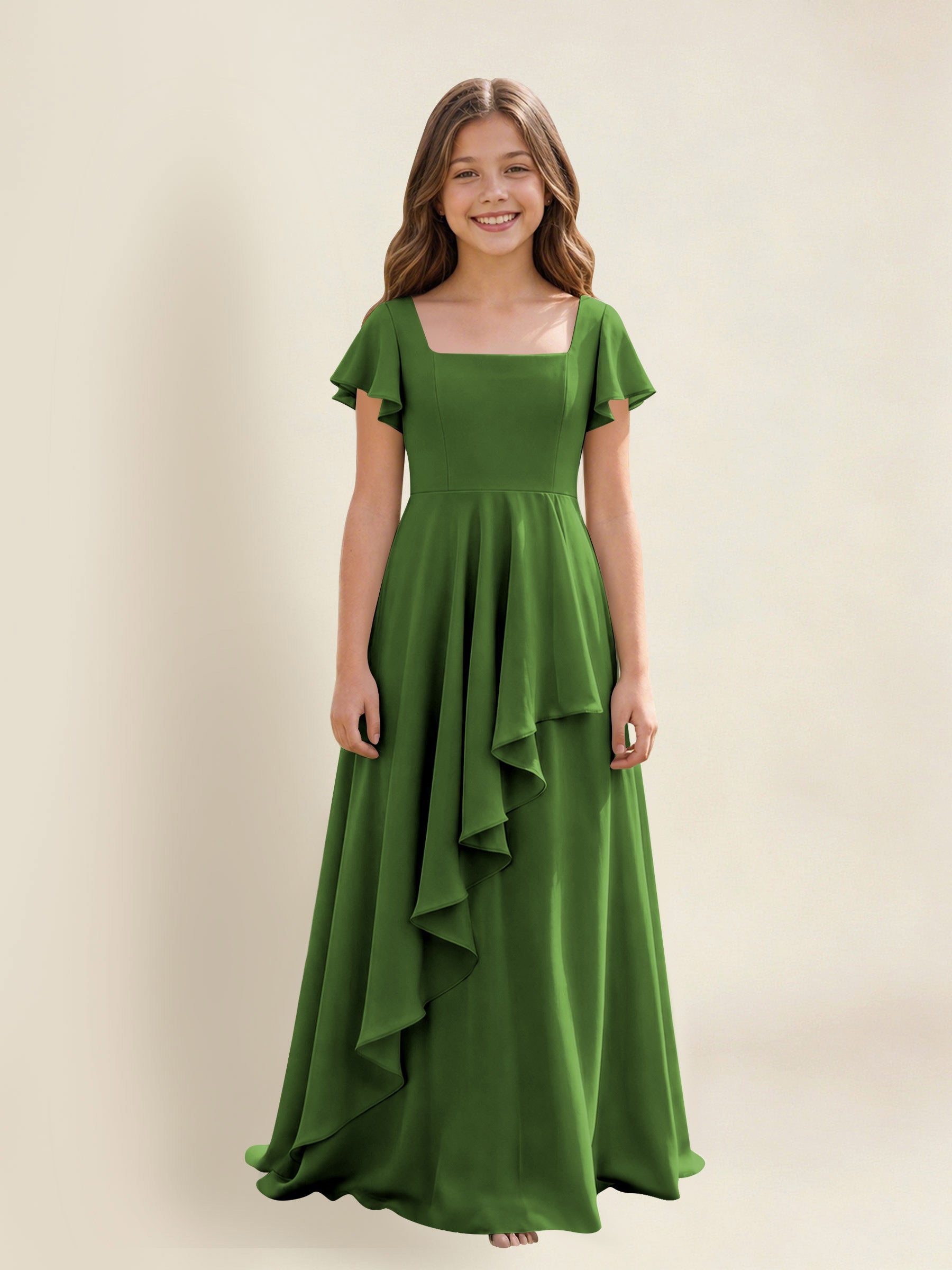 ROVDESY A-Line Square Neck Ruffle Chiffon Junior Bridesmaid Dress With Short Sleeves