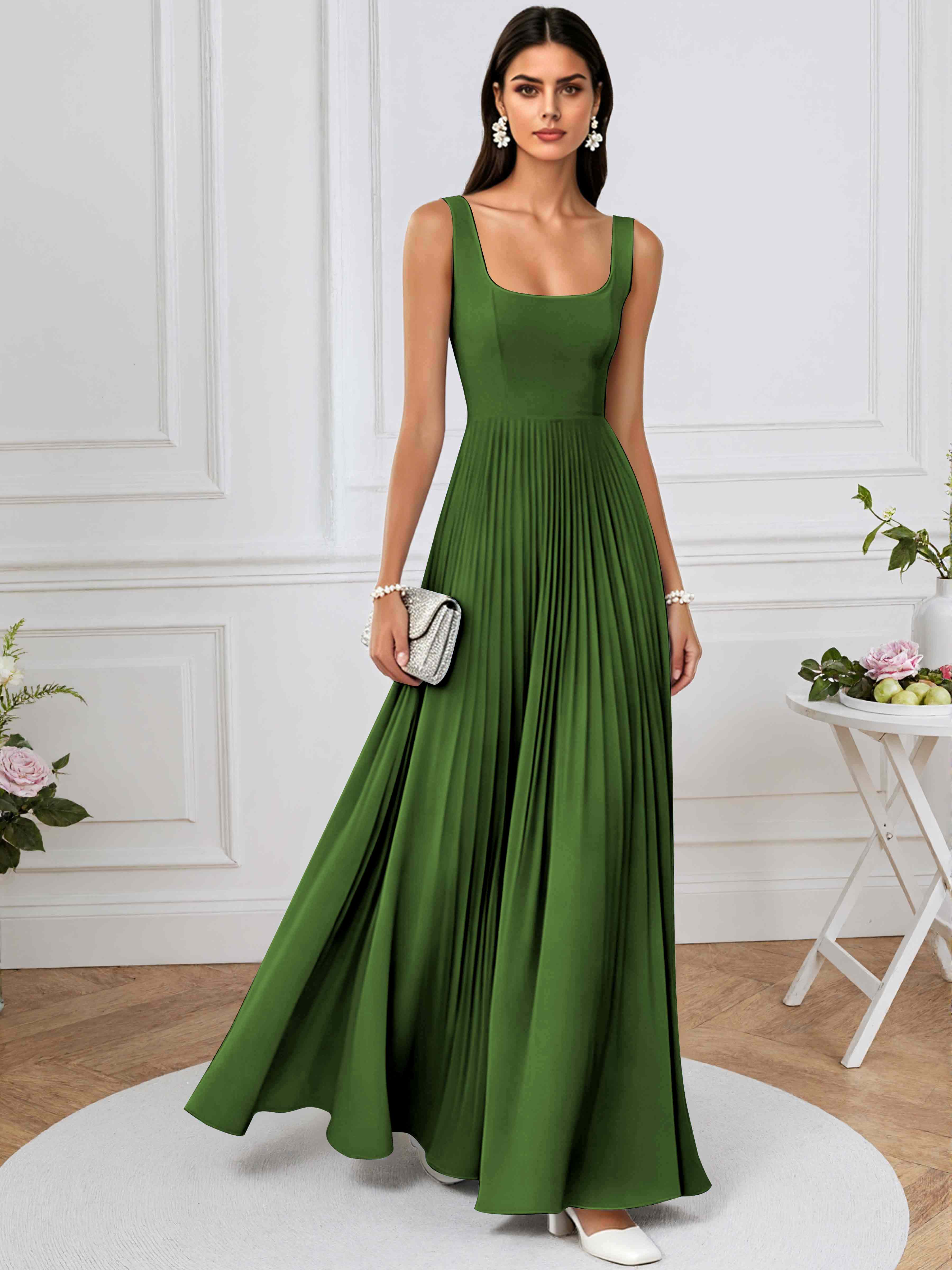 ROVDESY A-Line Square Neck Pleated Chiffon Long Bridesmaid/Prom Dress