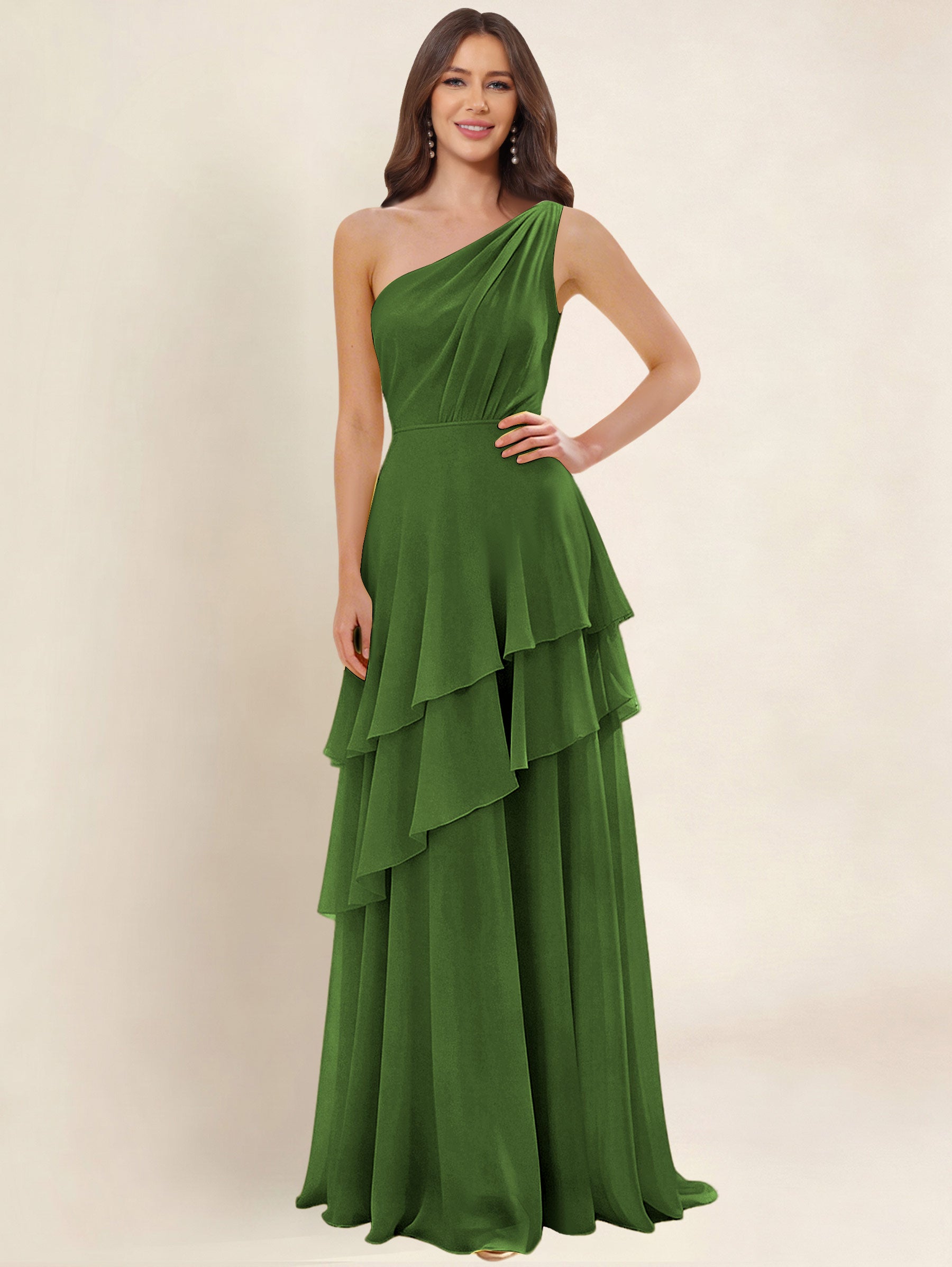 ROVDESY A-Line One Shoulder Pleated Tiered Chiffon Bridesmaid Dress
