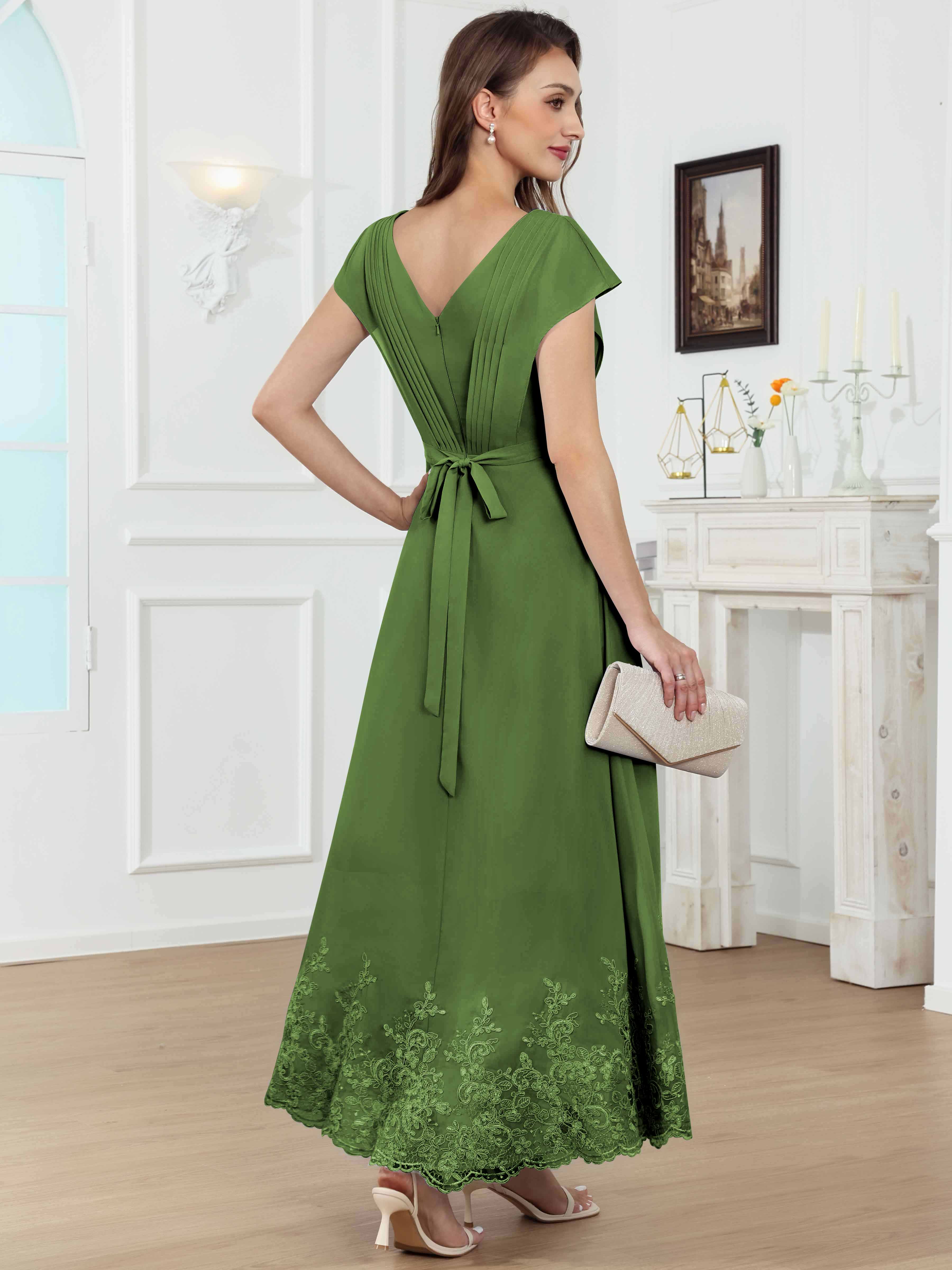 ROVDESY Tea Length High-Low V-Neck Ruched Lace Chiffon Mother of The Bride Dress for Women