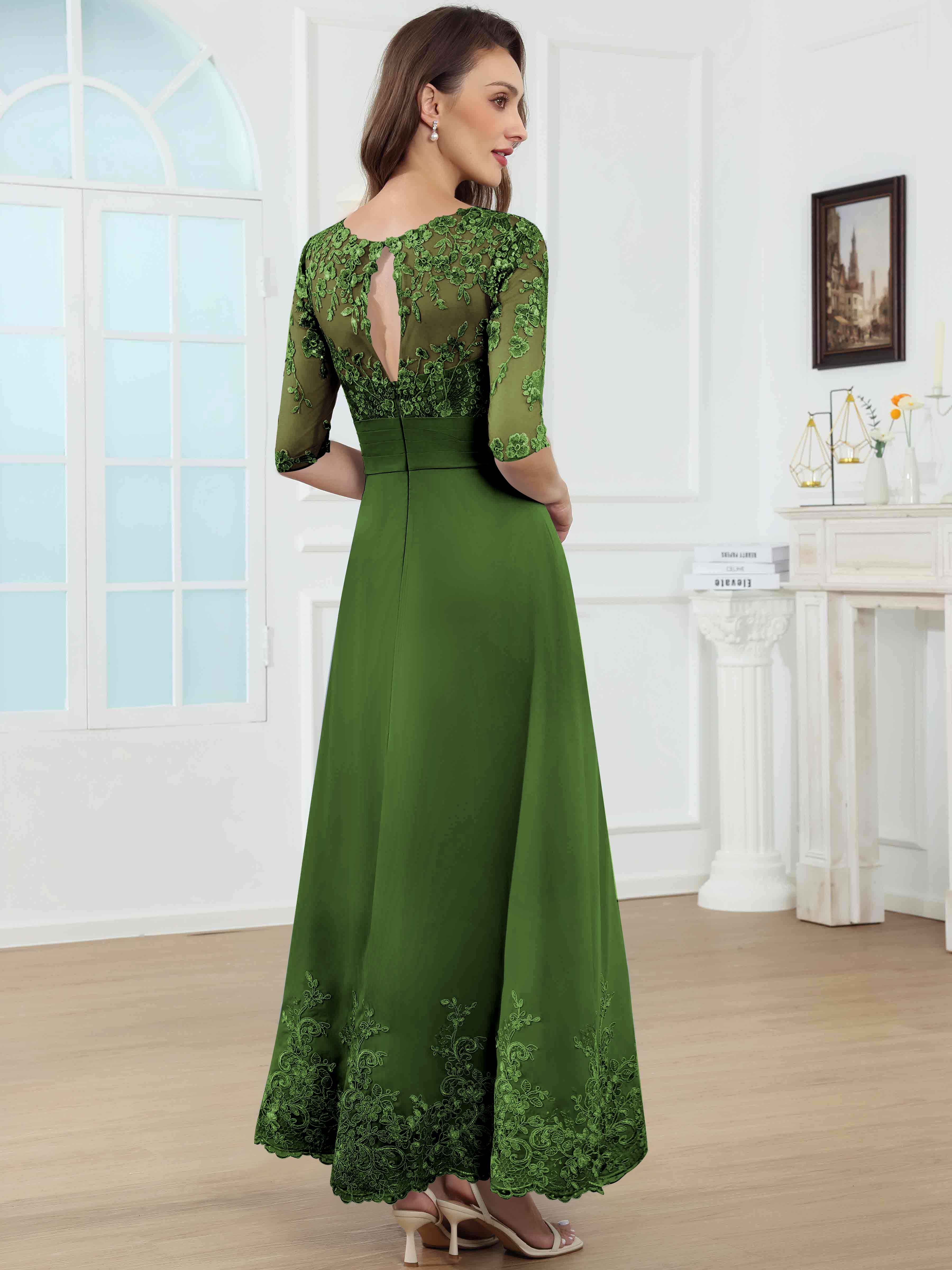 ROVDESY A-Line Lace Sequin Pleated Chiffon Mother Of The Bride Dress With Half Sleeves
