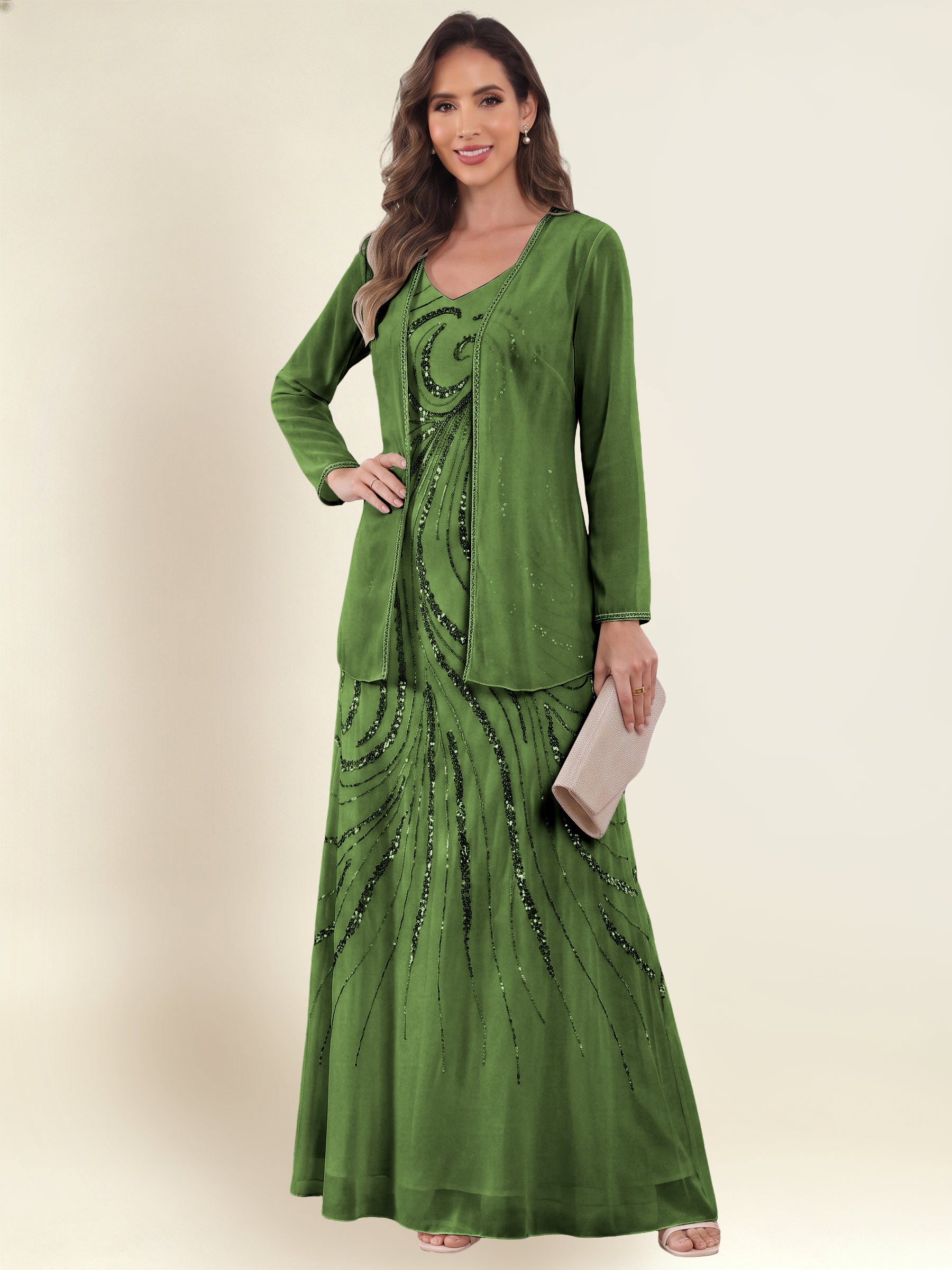 ROVDESY 2 Pieces V-Neck Sequin Chiffon Long Mother Of The Bride Dress With Long Sleeve Jacket