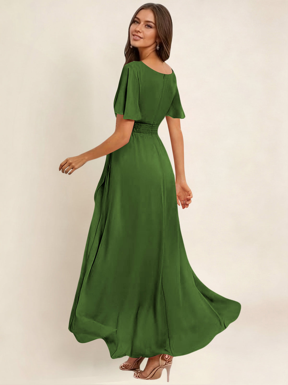 ROVDESY A-Line High Low Round Neck Pleated Ruffle Chiffon Bridesmaid Dress With Short Sleeves