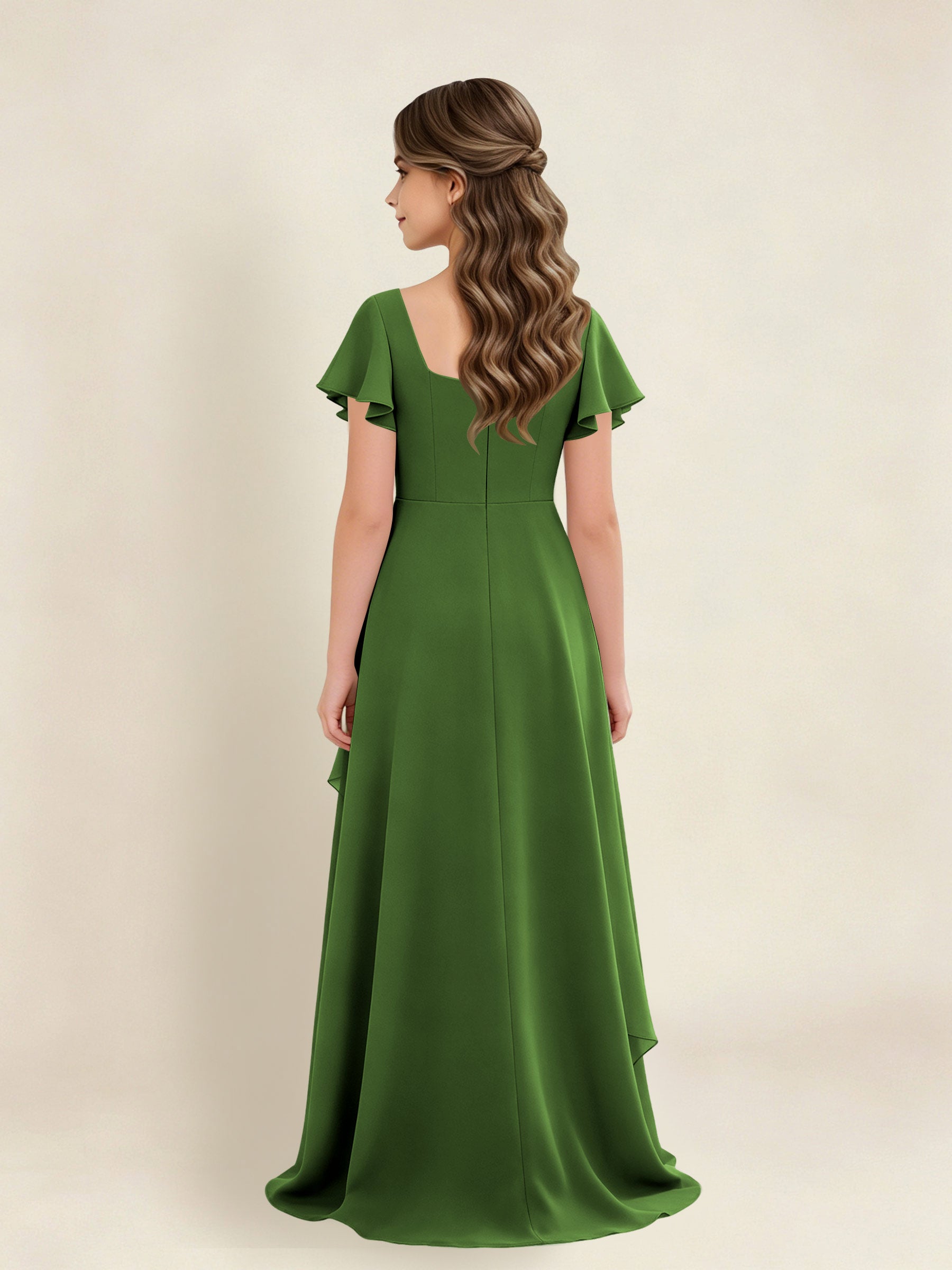 ROVDESY A-Line Square Neck Ruffle Chiffon Junior Bridesmaid Dress With Short Sleeves