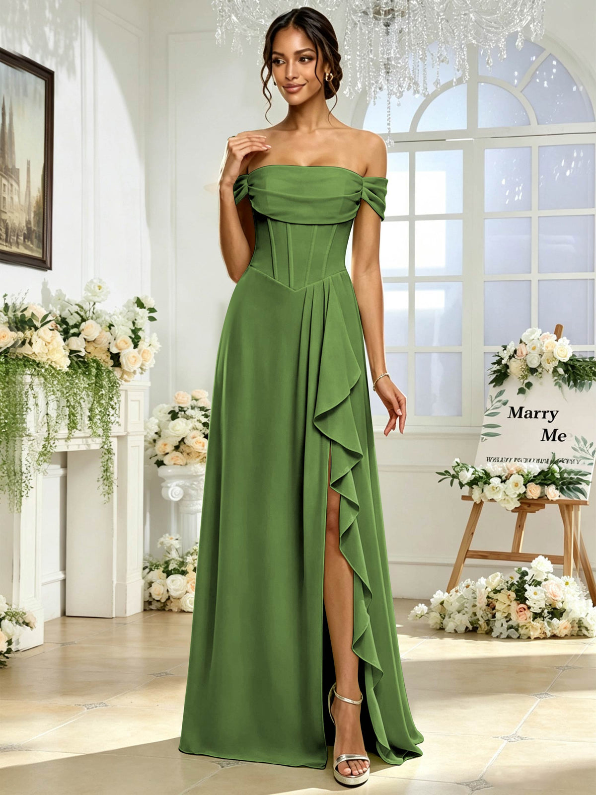 Off the Shoulder Chiffon A Line Long Bridesmaid Dress with Slit