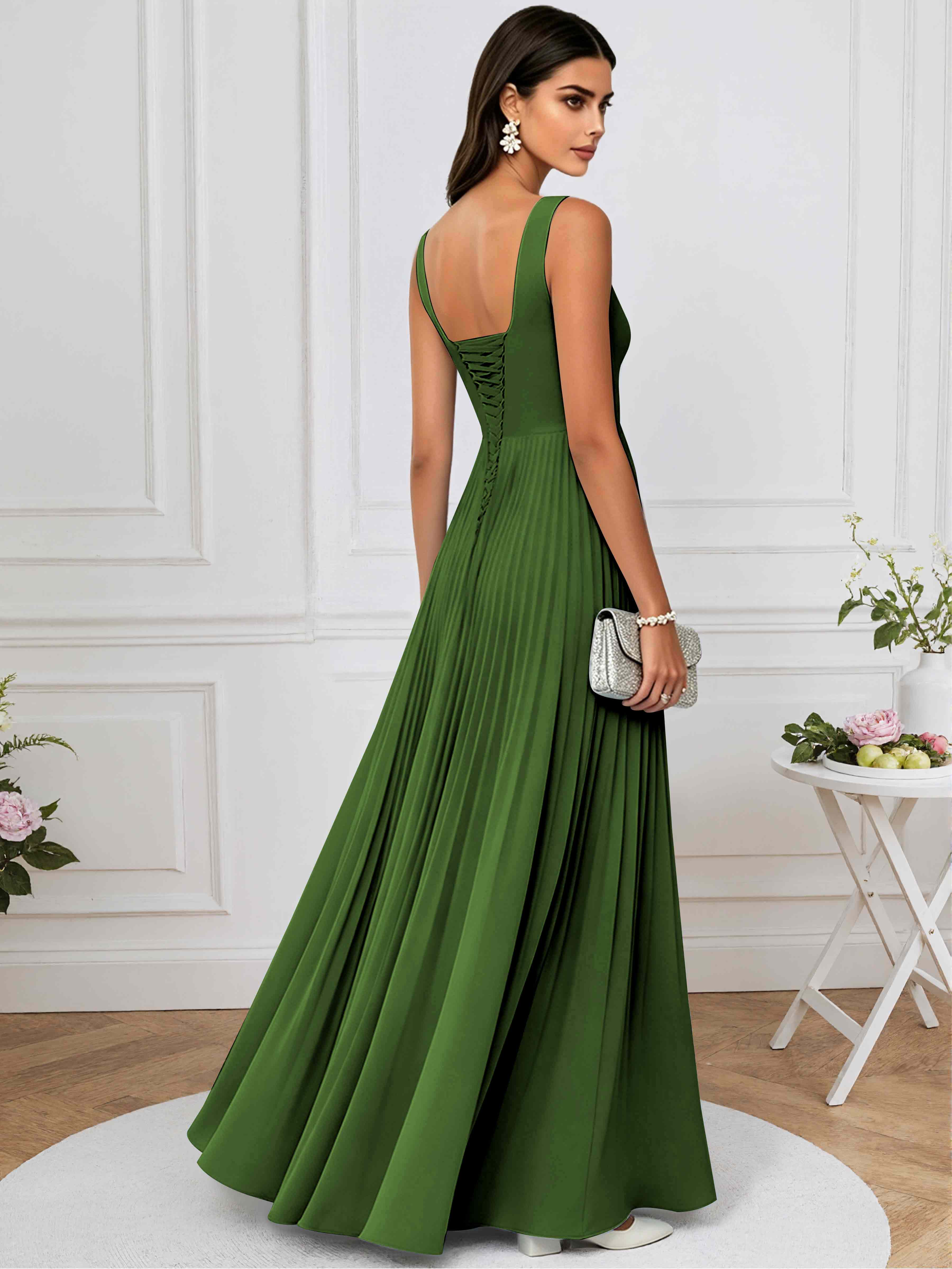 ROVDESY A-Line Square Neck Pleated Chiffon Long Bridesmaid/Prom Dress