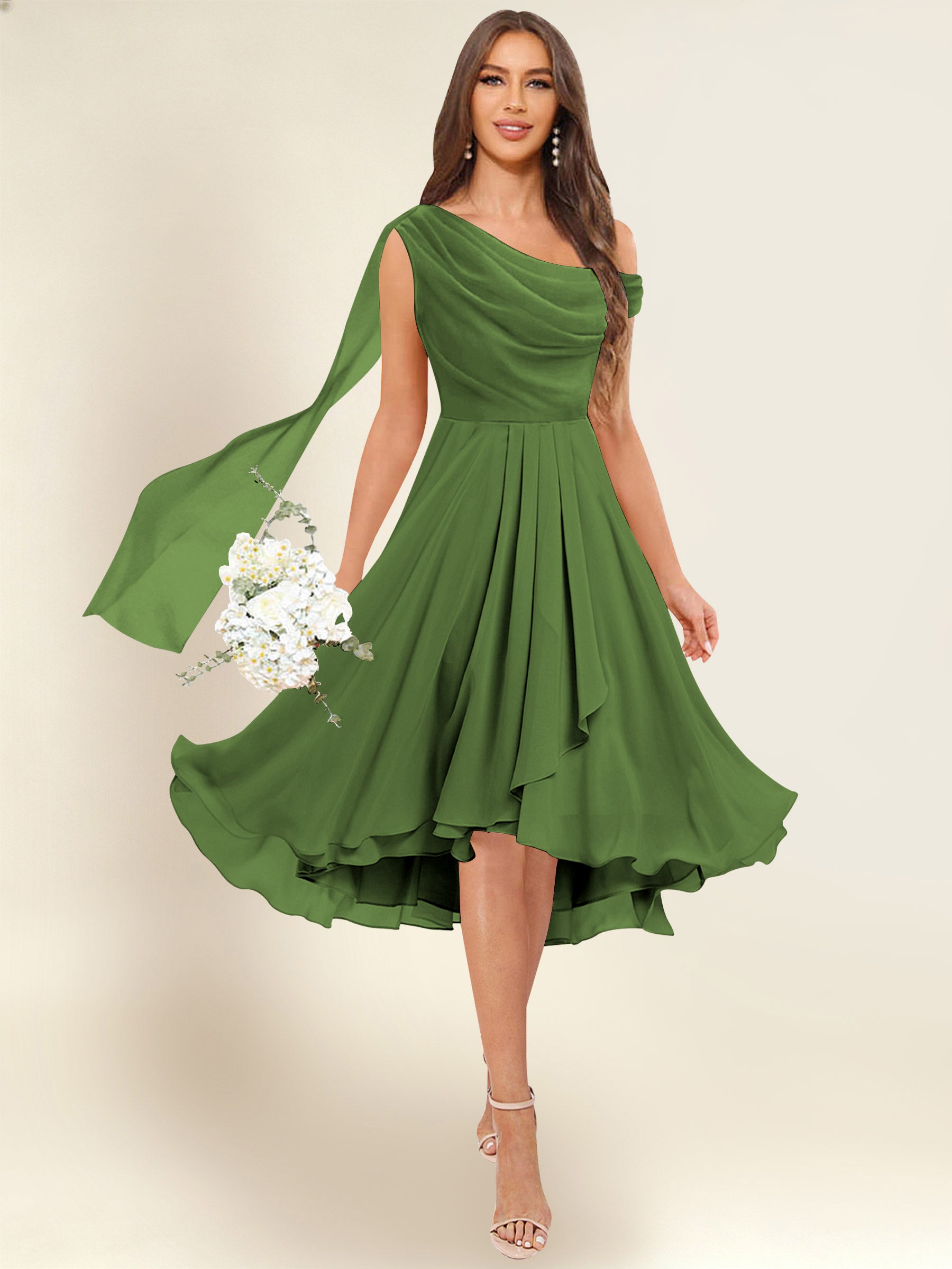 ROVDESY A-Line One Shoulder Pleated Chiffon Bridesmaid Dress With Flowing Sash