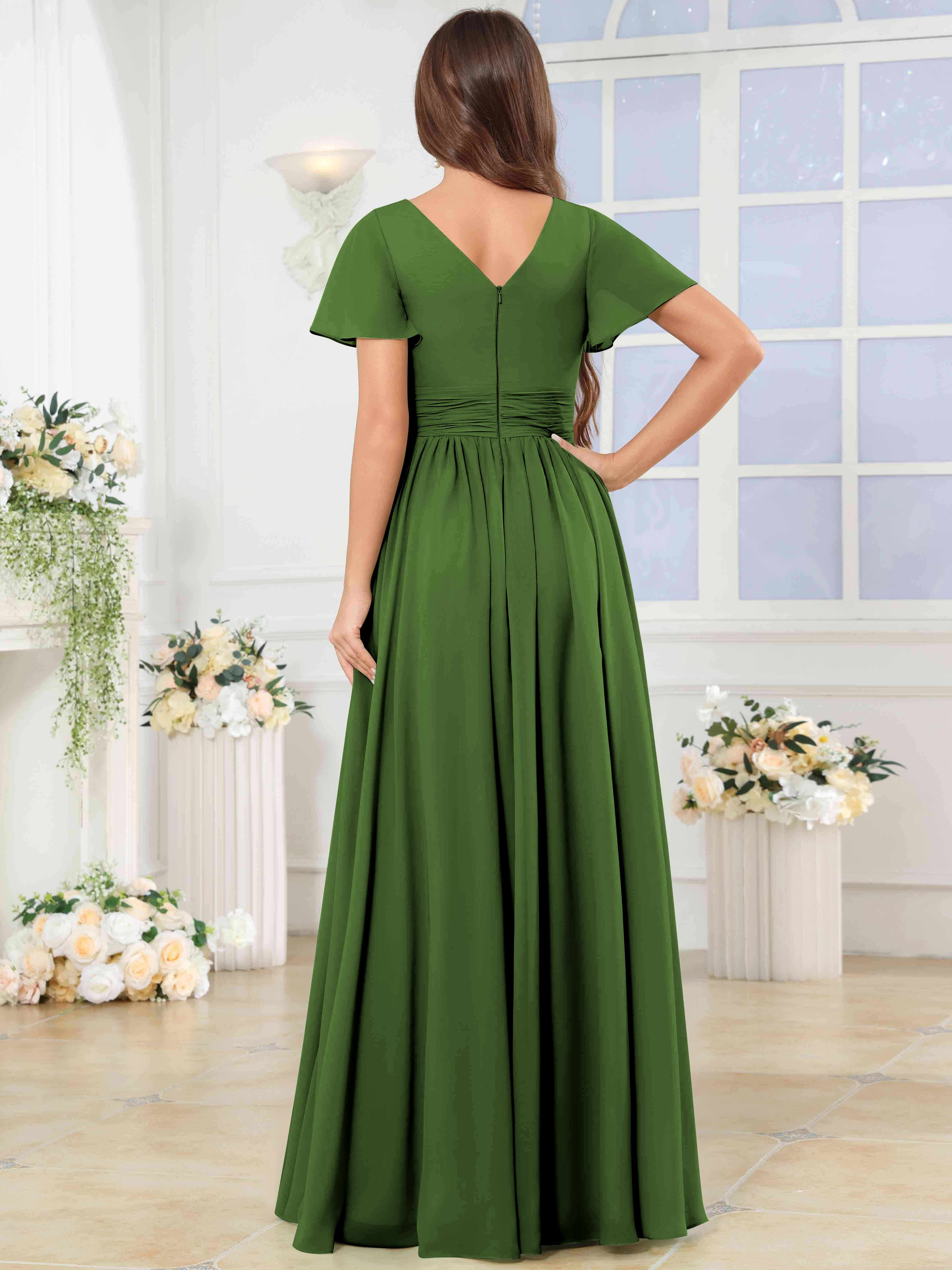 ROVDESY A-Line V-Neck Slit Pleated Ruffle Chiffon Bridesmaid Dress With Short Sleeves