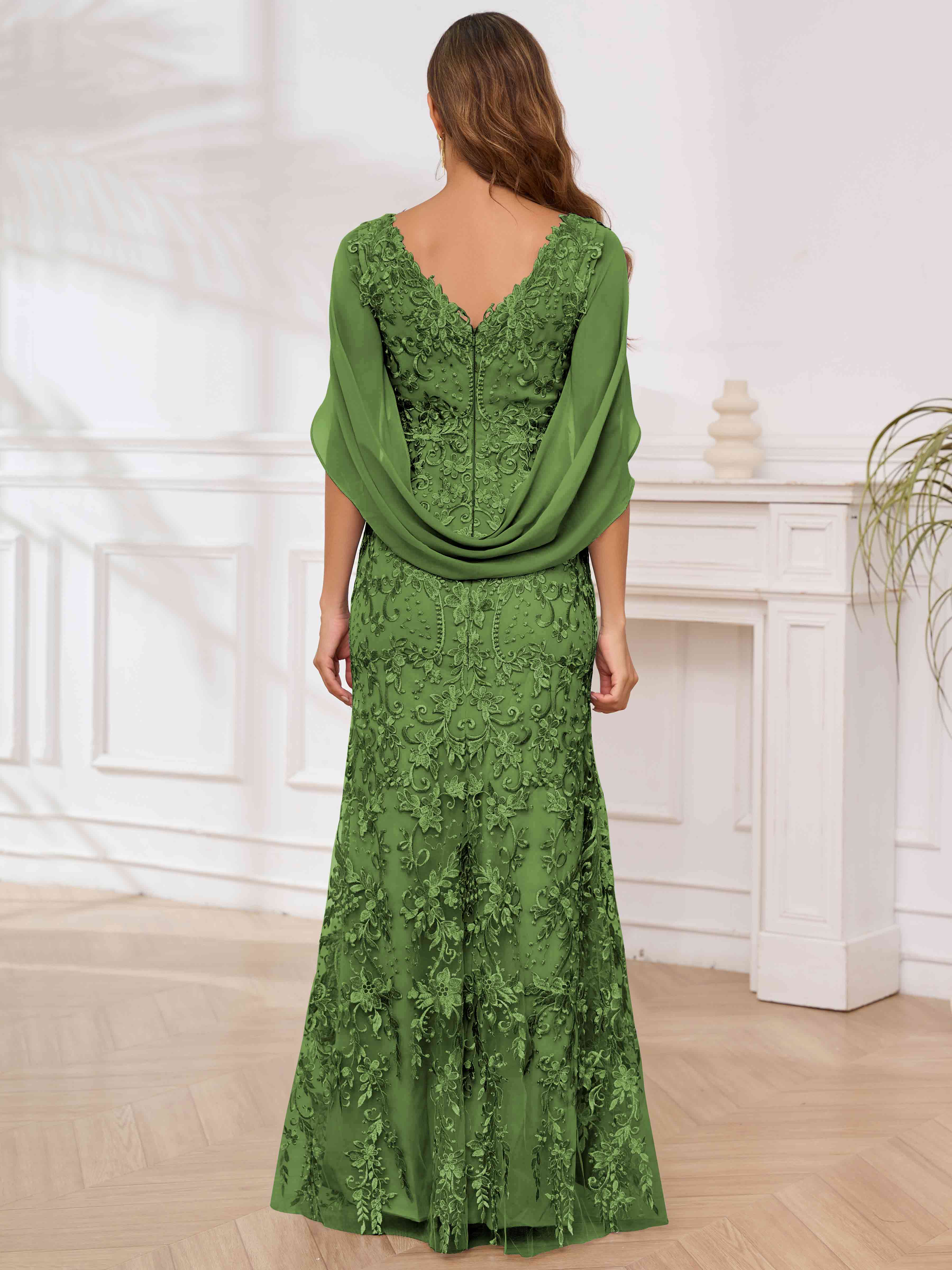 ROVDESY V-Neck Lace Mermaid Mother Of The Bride Dress With Cape Sleeves Long Formal Gown