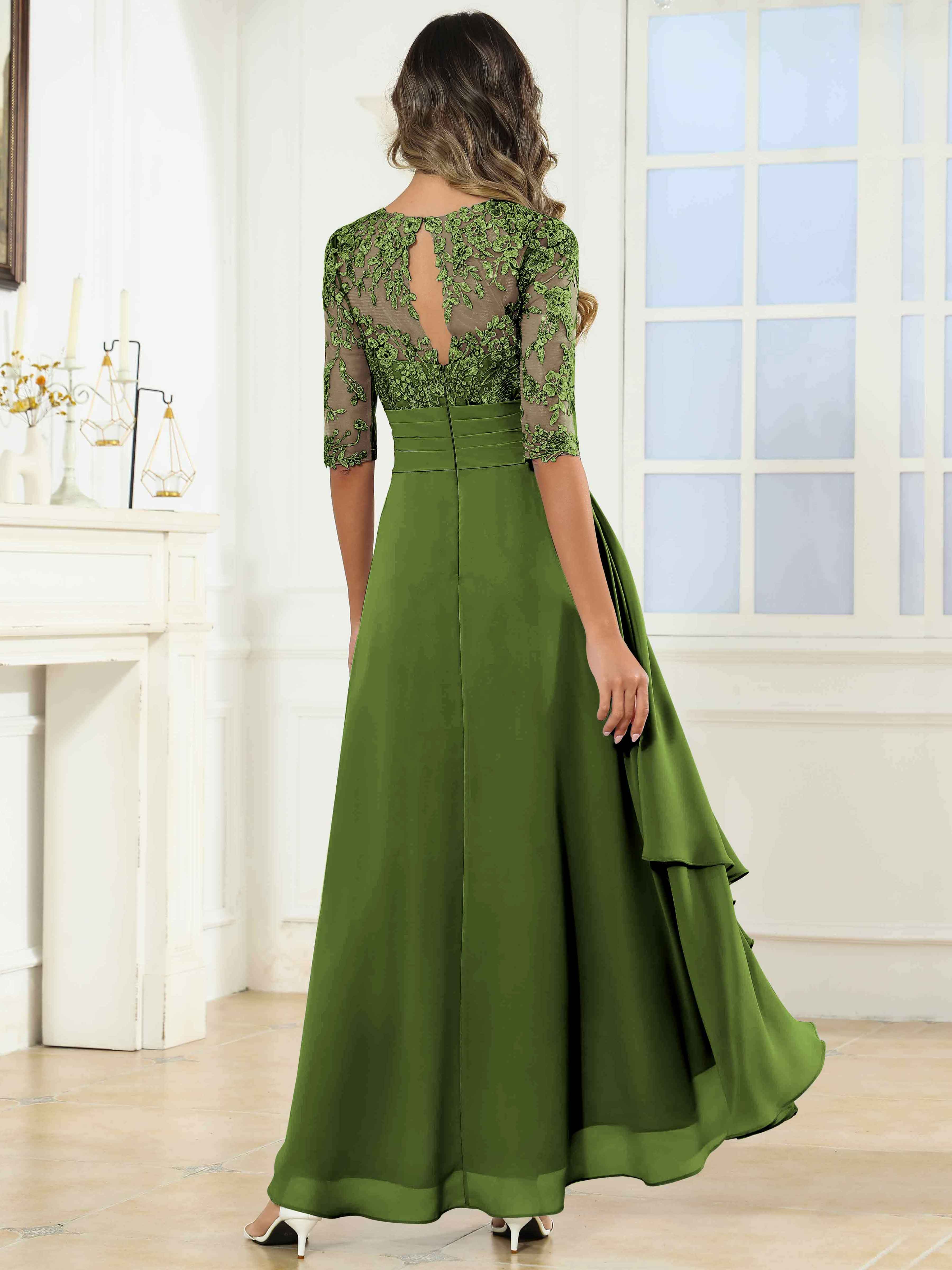 ROVDESY Tea Length A-Line Lace Chiffon Mother Of The Bride Dress With Half Sleeves