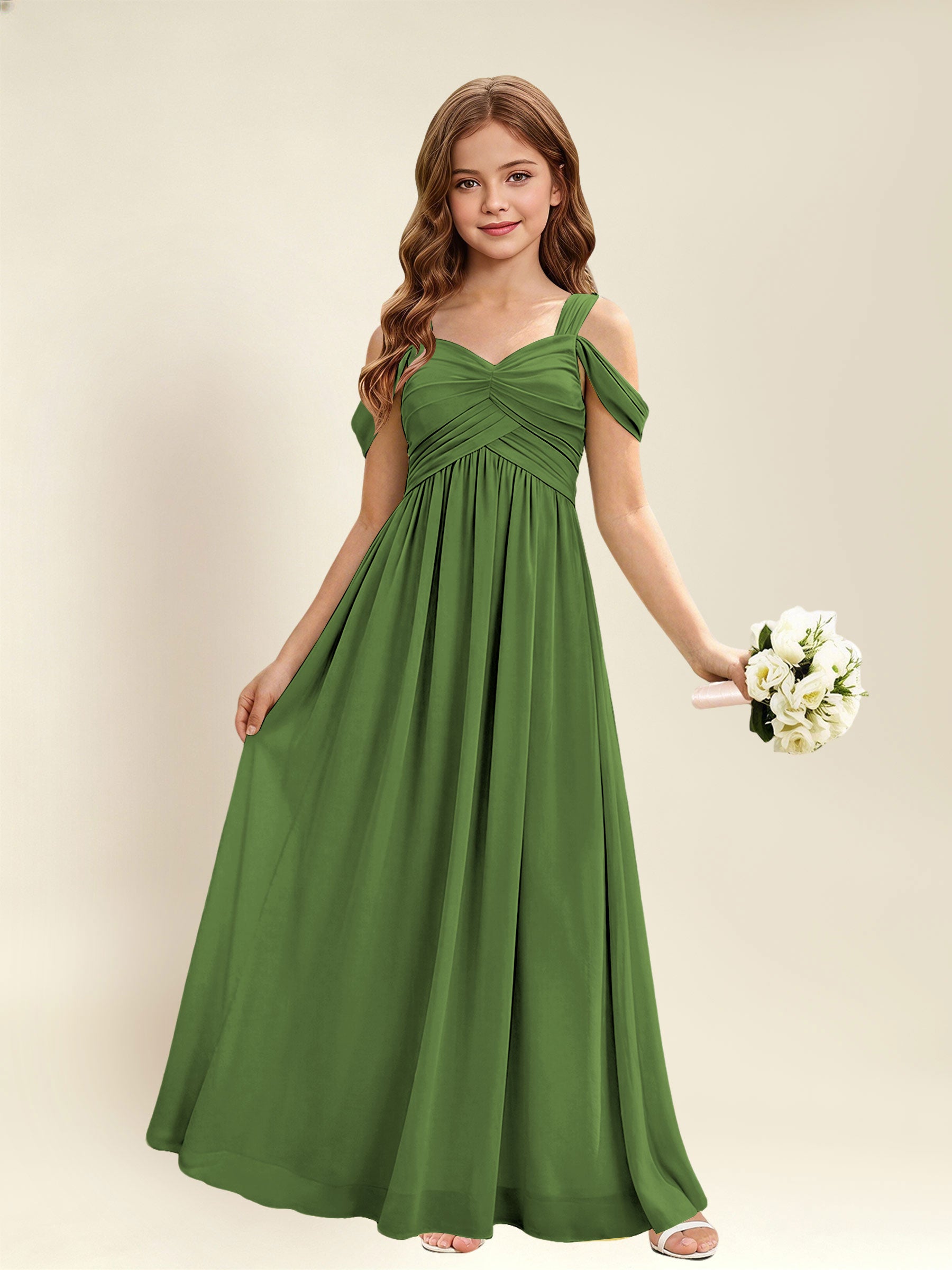 ROVDESY A-Line Off The Shoulder Pleated Chiffon Junior Bridesmaid Dress