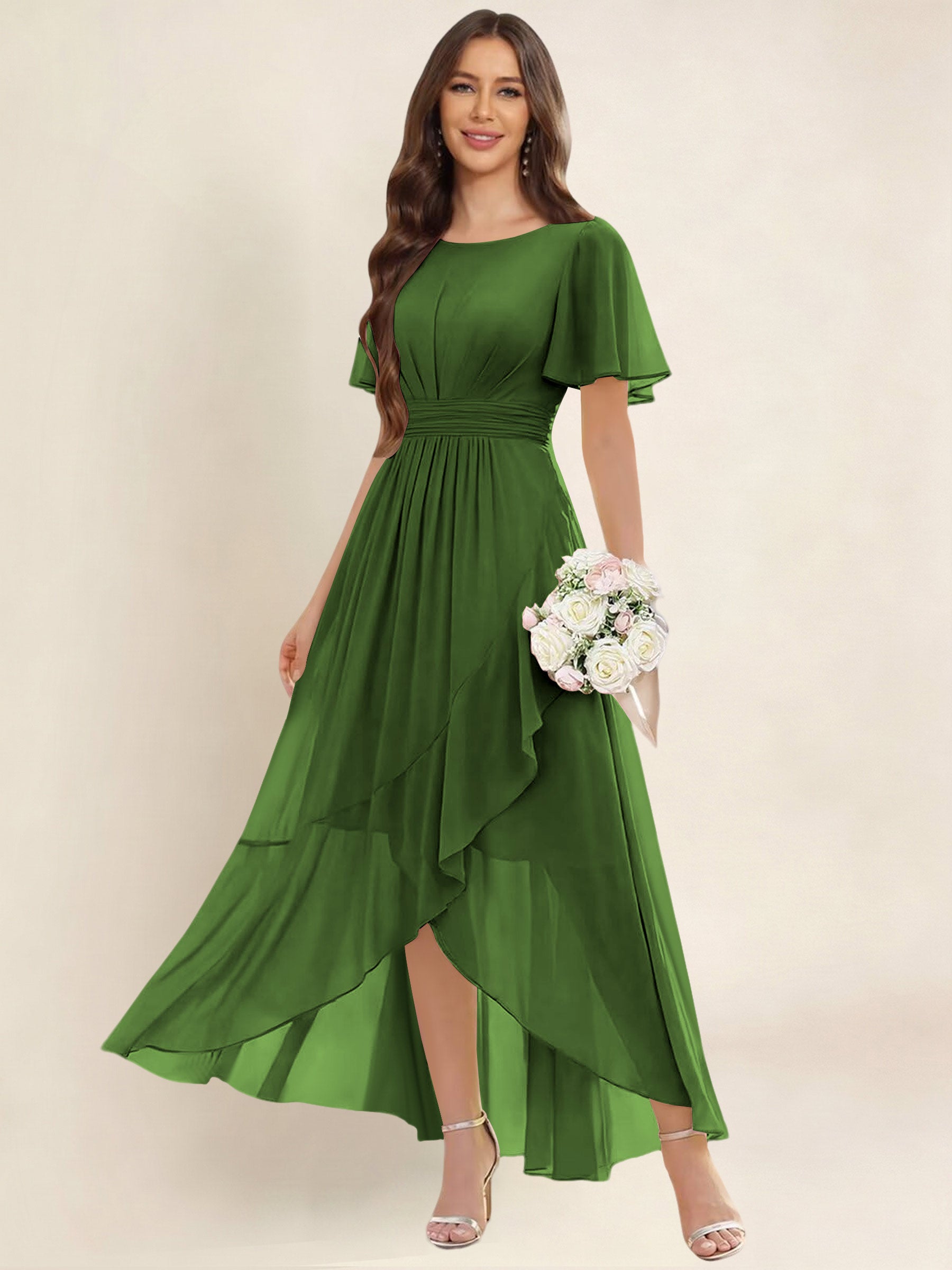 ROVDESY A-Line High Low Round Neck Pleated Ruffle Chiffon Bridesmaid Dress With Short Sleeves