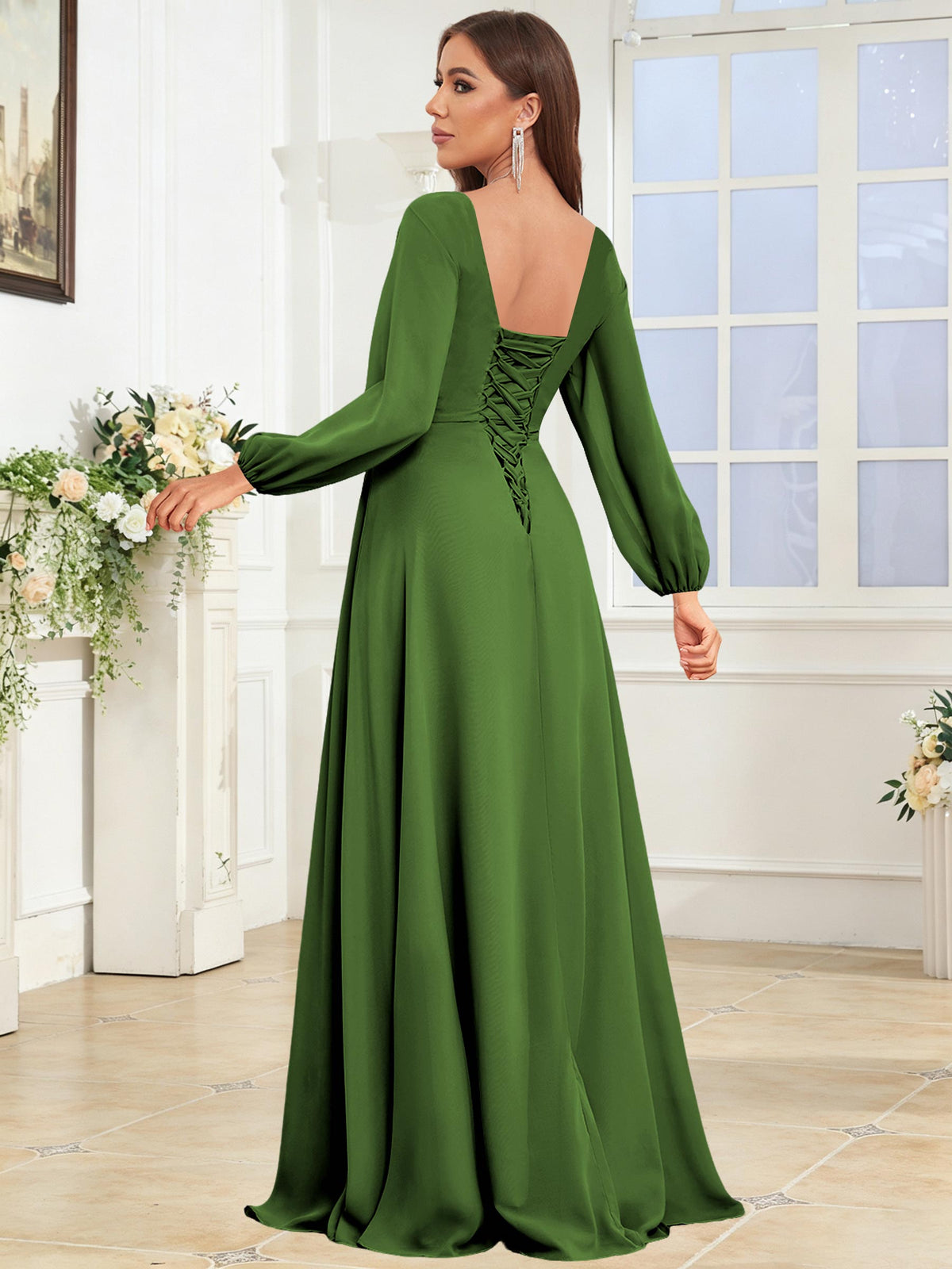 V Neck Chiffon Long Sleeve Bridesmaid Dresses with Slit