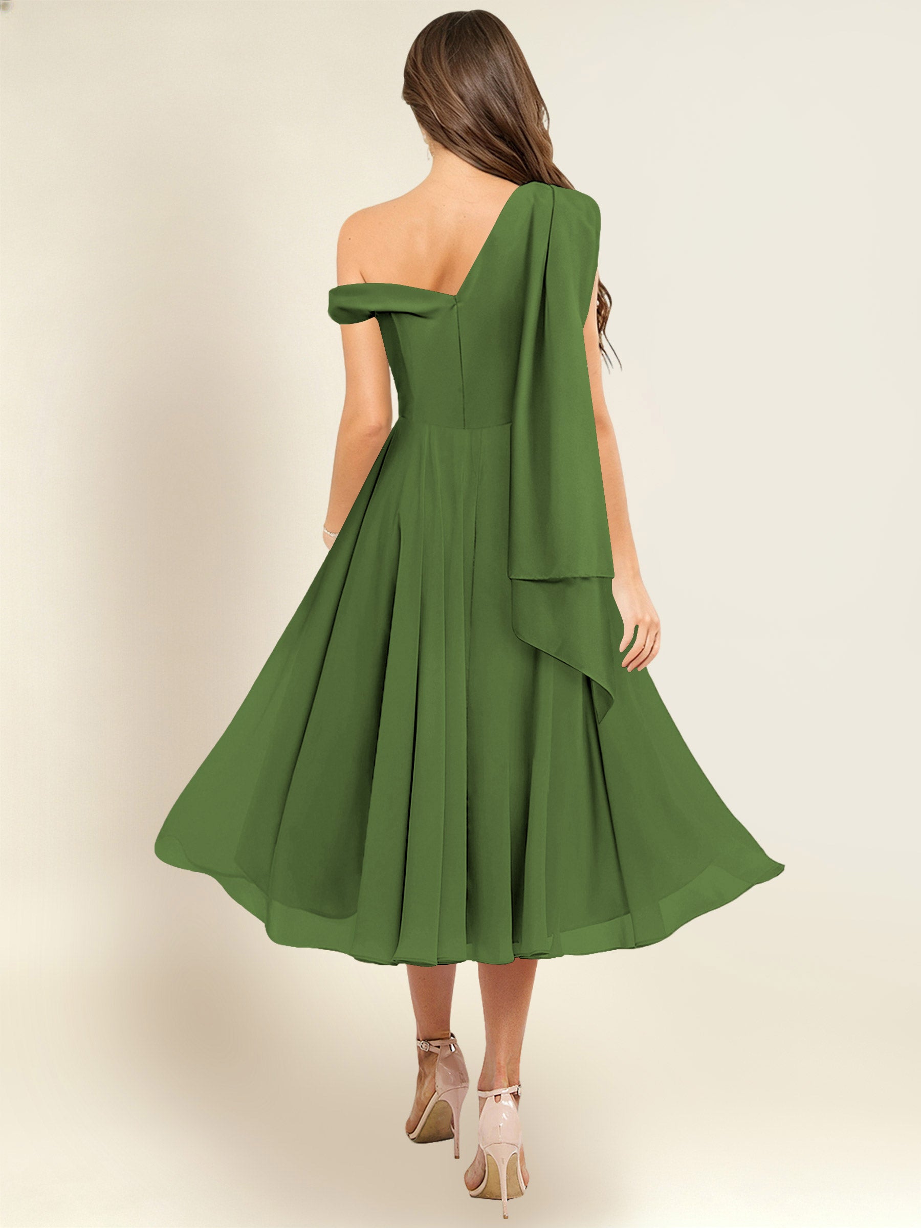 ROVDESY A-Line One Shoulder Pleated Chiffon Bridesmaid Dress With Flowing Sash