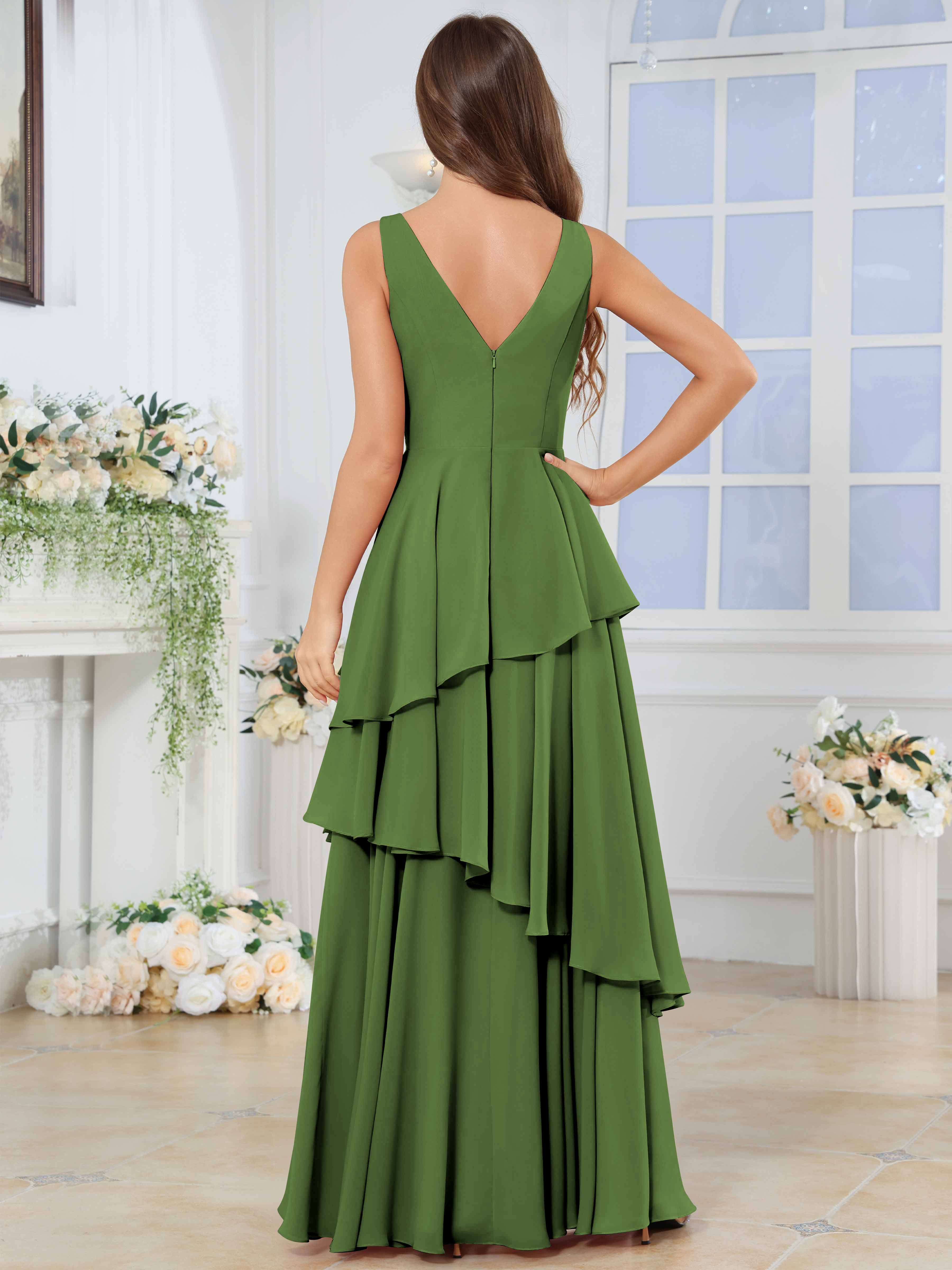ROVDESY Long Sleeveless V-Neck Tiered Pleated Chiffon Bridesmaid Dress