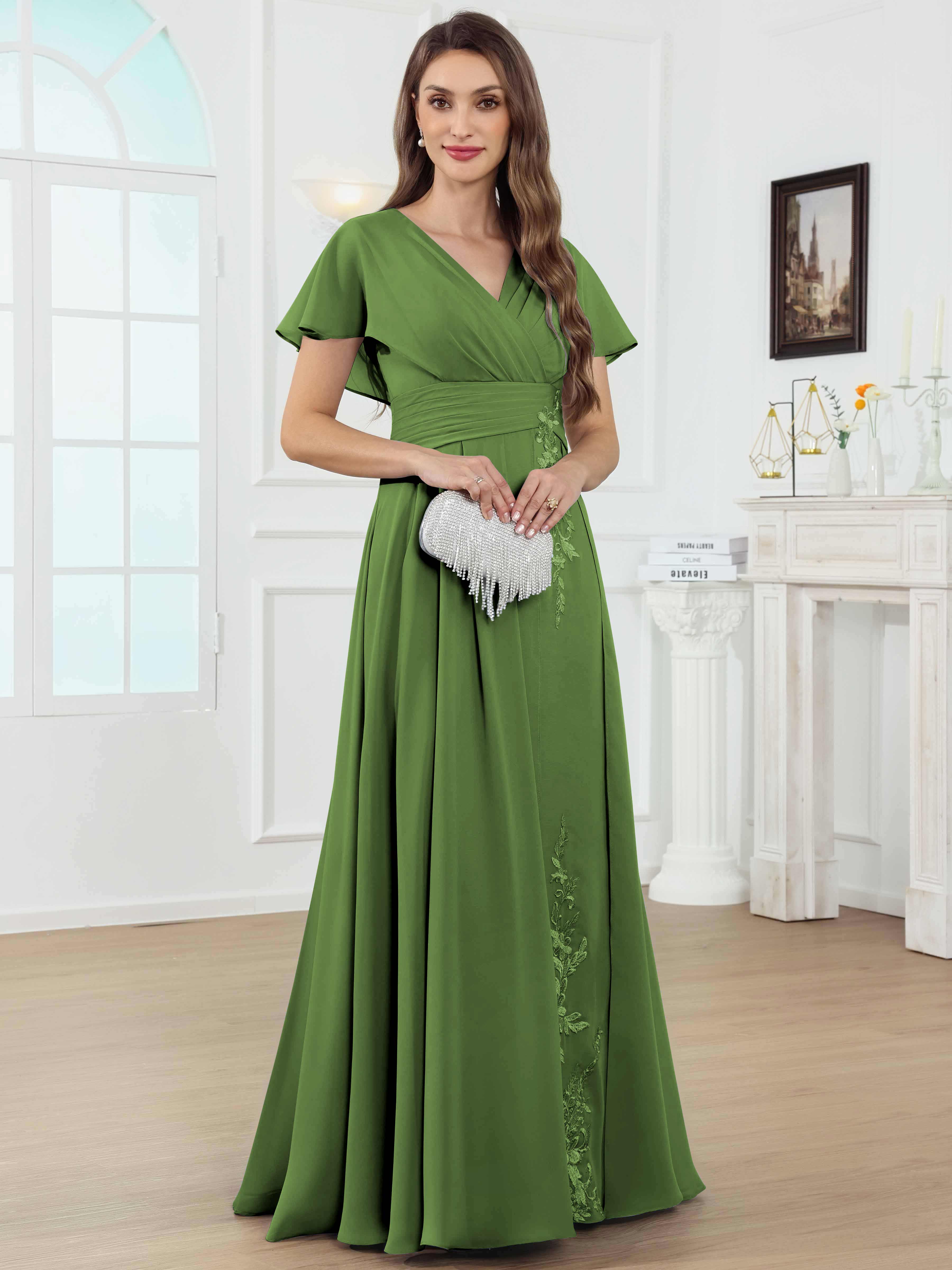 ROVDESY A-Line V-Neck Pleated Lace Chiffon Mother Of The Bride Dress With Short Sleeves