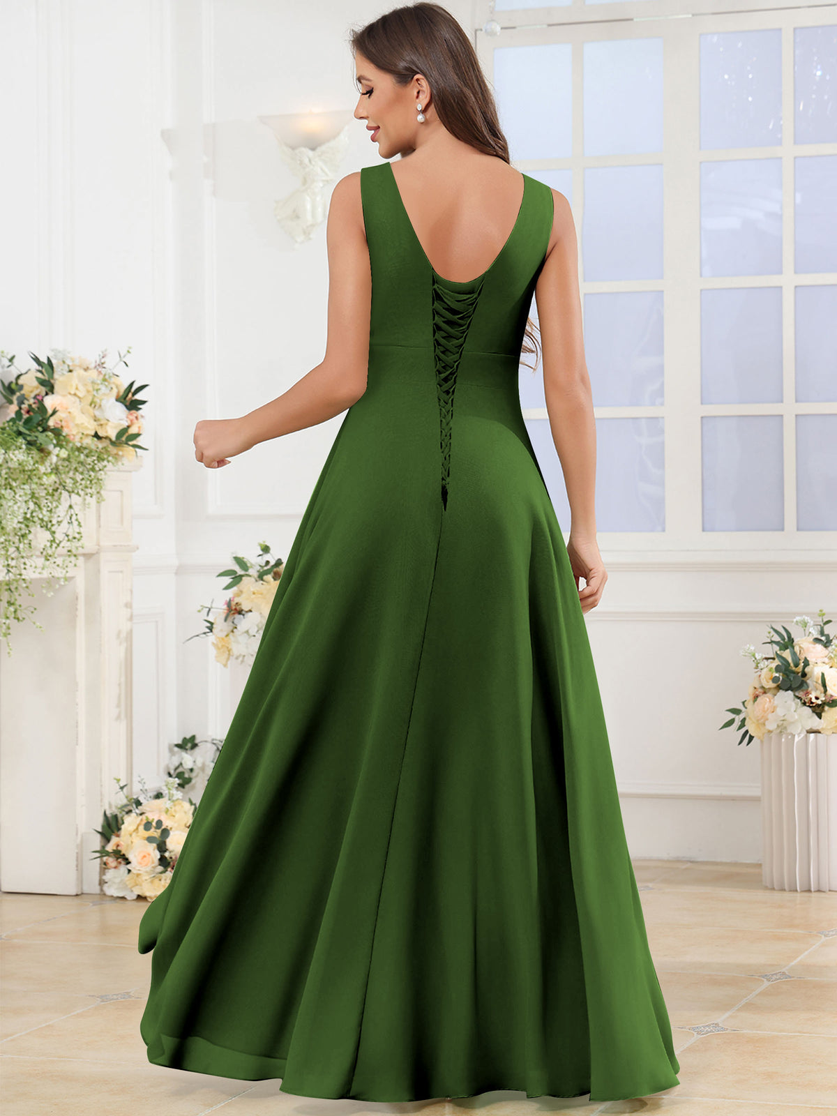 V Neck Chiffon A Line Ruffle Bridesmaid Dress with Slit