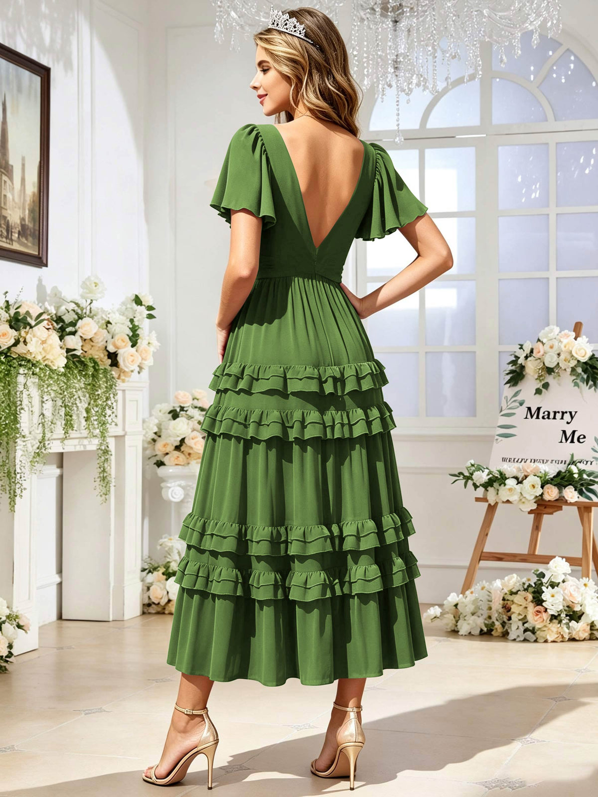 A Line Chiffon Pleated Bridesmaid Dress with Sleeves