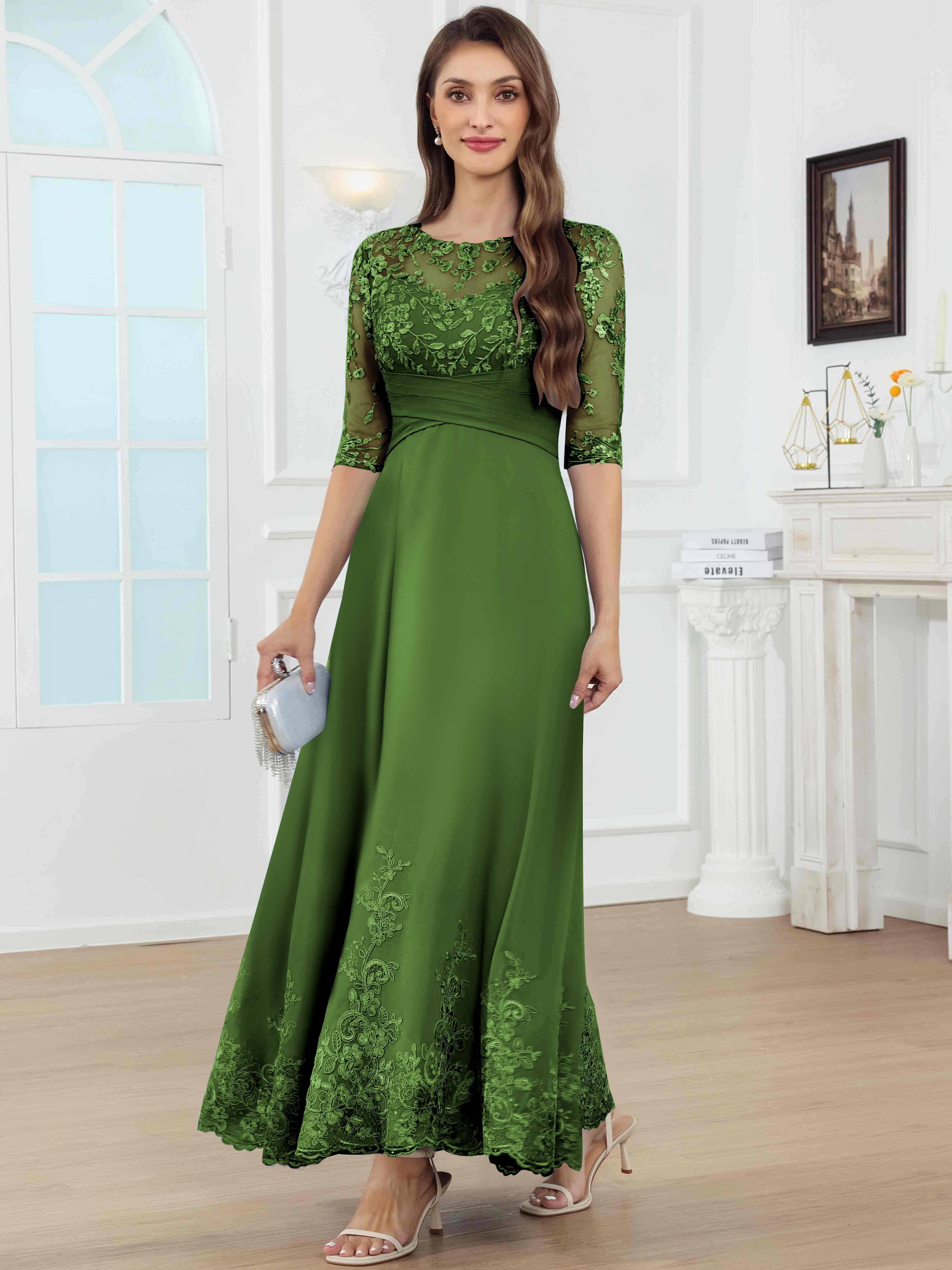 ROVDESY A-Line Lace Sequin Pleated Chiffon Mother Of The Bride Dress With Half Sleeves