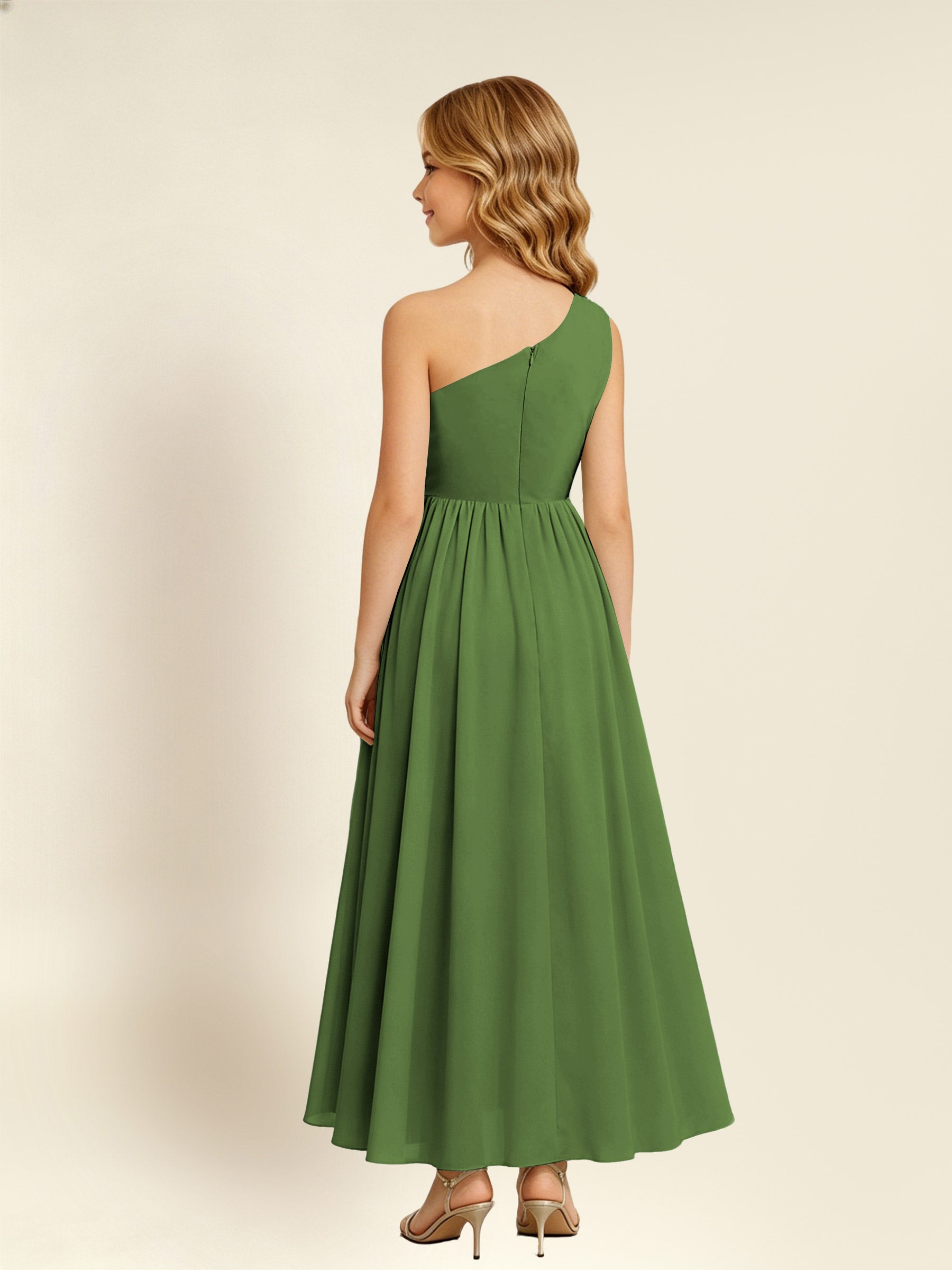 ROVDESY One Shoulder Twist Waist Chiffon Junior Bridesmaid Maxi Dress