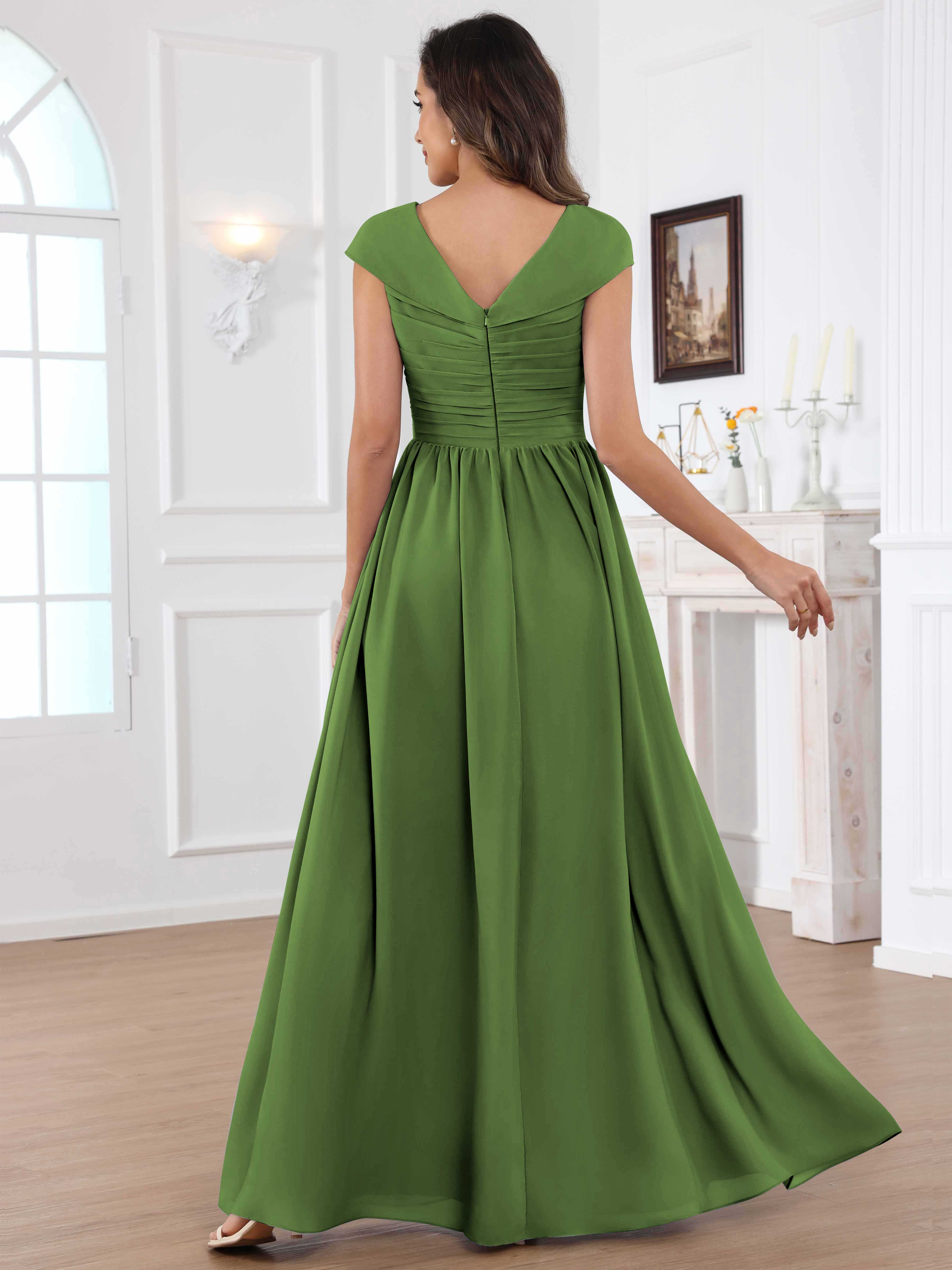 ROVDESY A-Line Cap Sleeves Pleated Chiffon Mother Of The Bride Dress