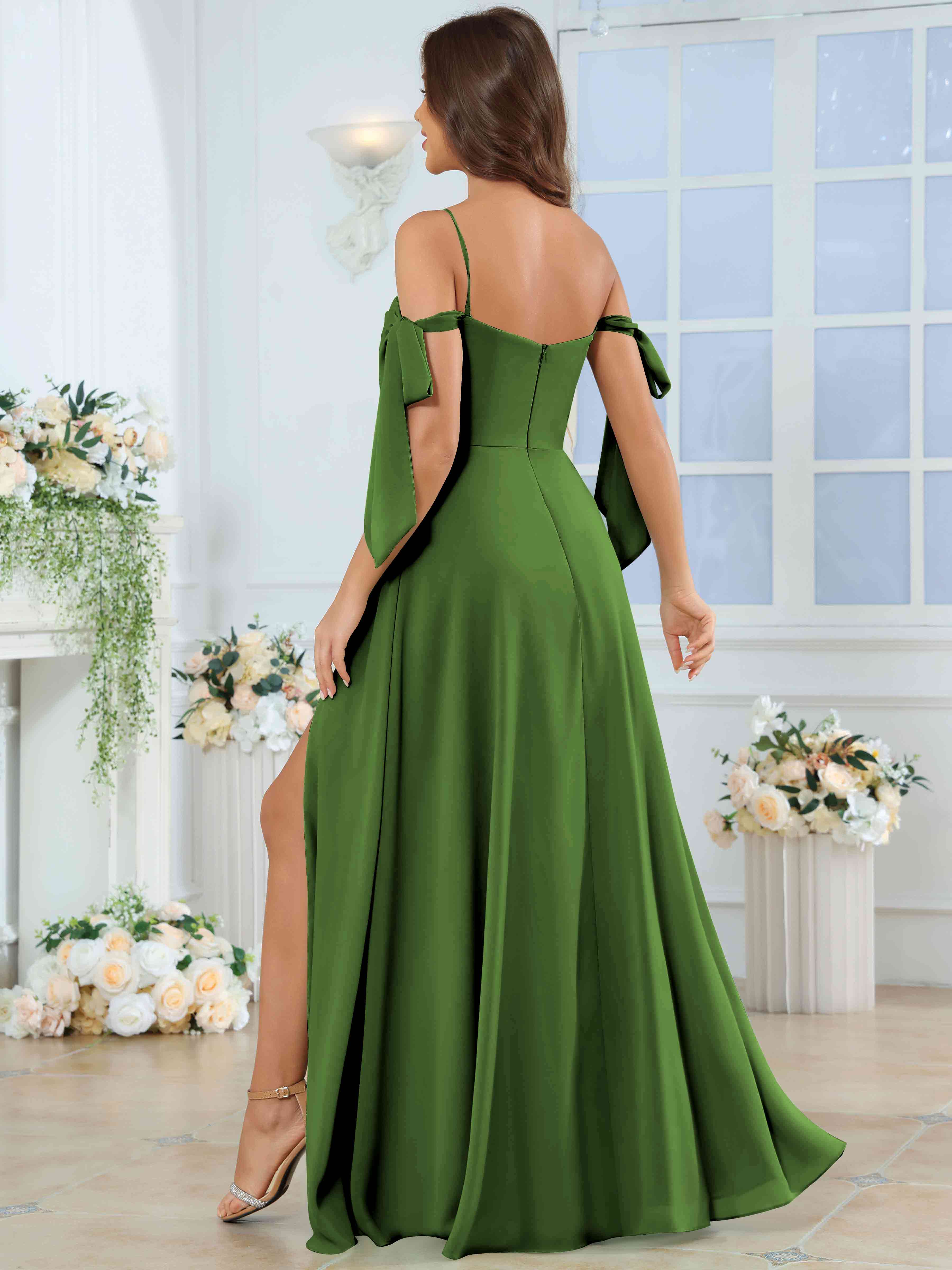 ROVDESY Spaghetti Strap Pleated Ruffle Slit Chiffon Bridesmaid Dress With Bow Sleeves