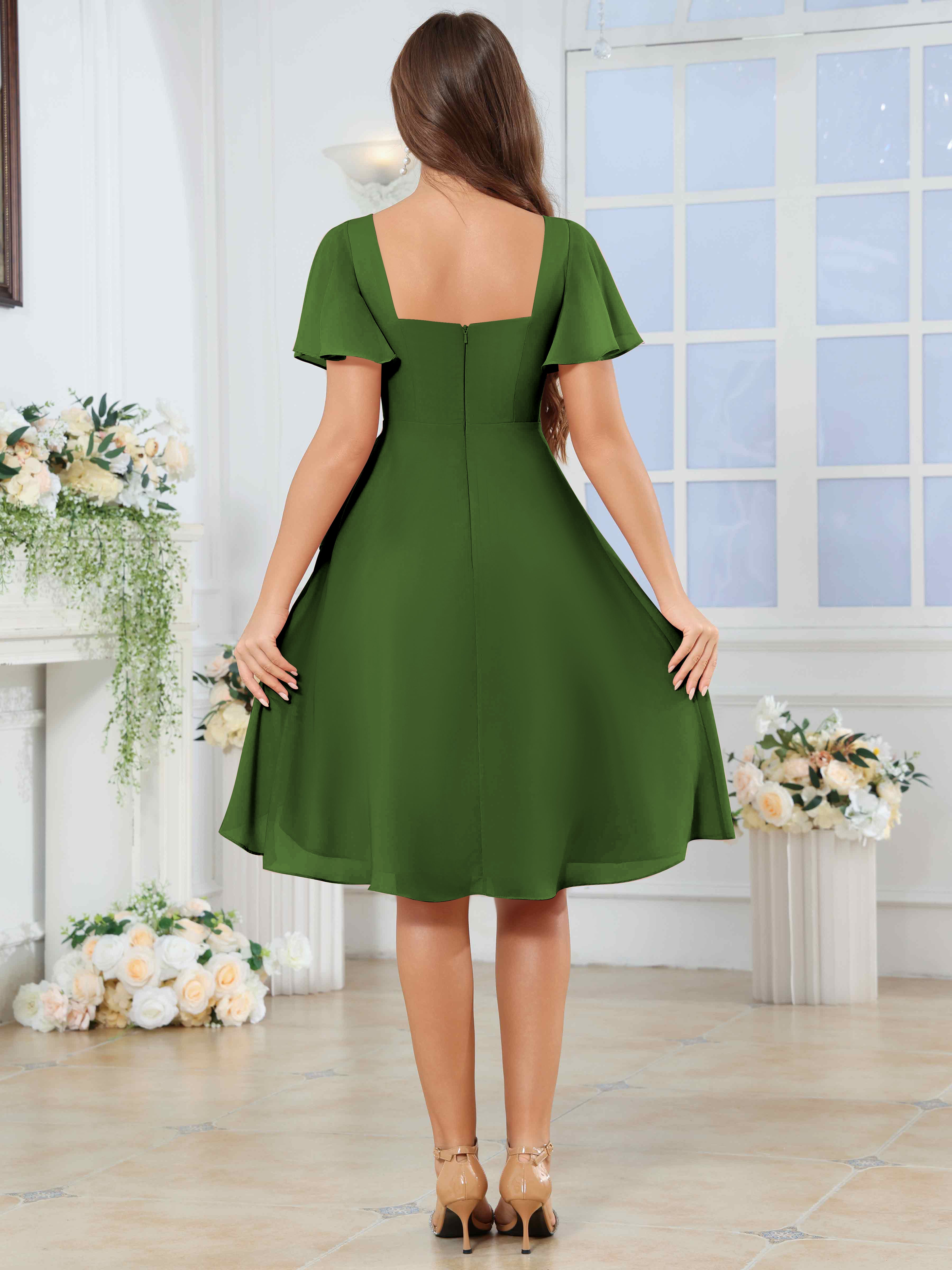 ROVDESY Knee Length V-Neck Pleated Chiffon Bridesmaid Dress With Short Sleeves