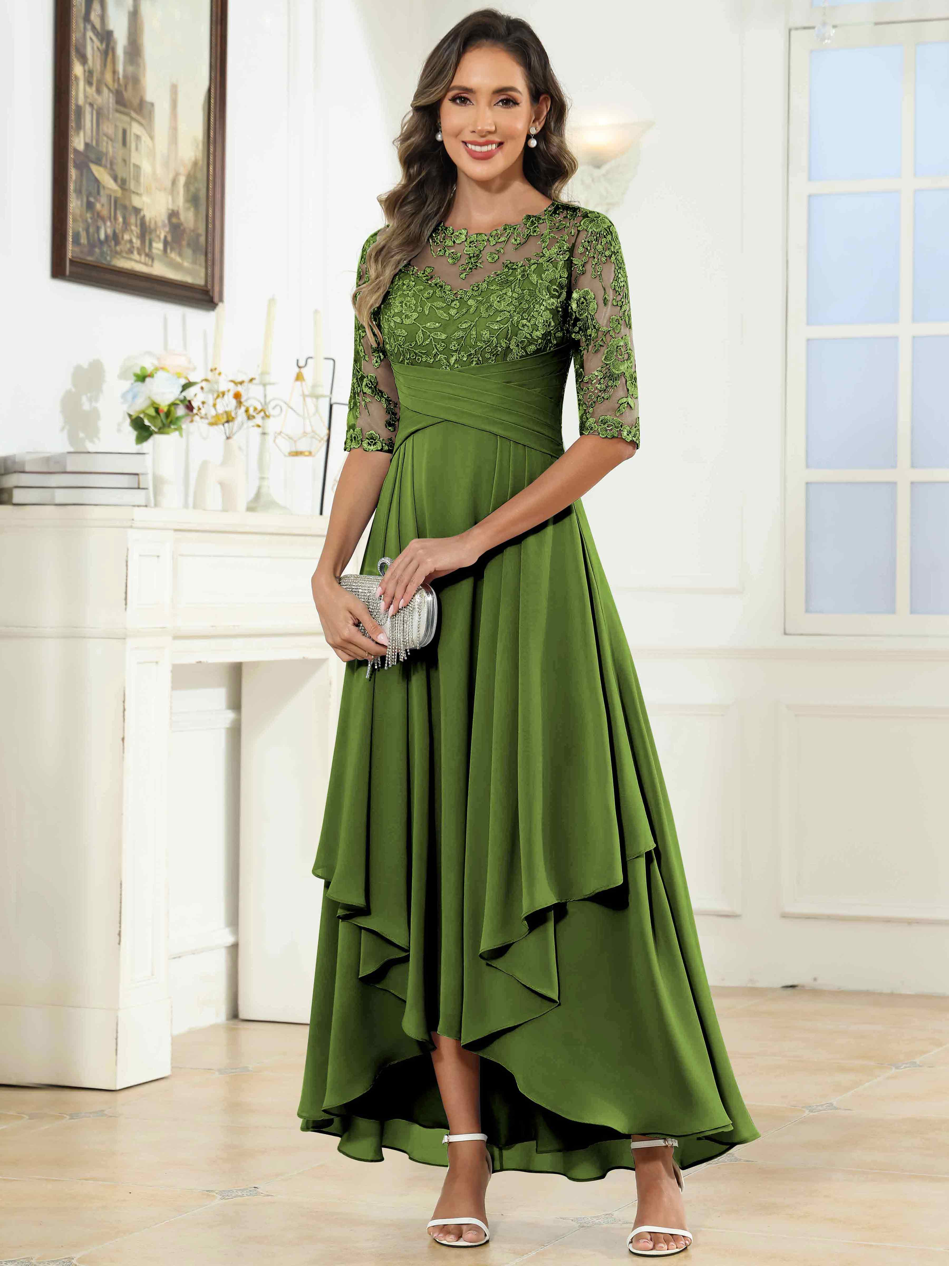 ROVDESY Tea Length A-Line Lace Chiffon Mother Of The Bride Dress With Half Sleeves