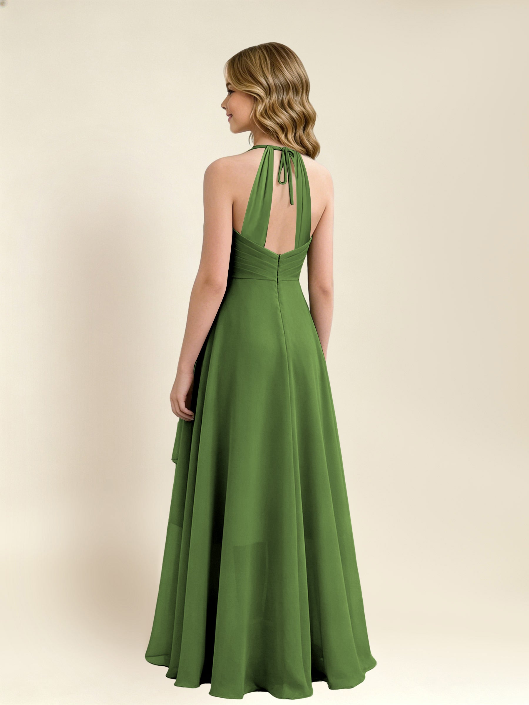 ROVDESY A-Line Halter Pleated Chiffon Junior Bridesmaid Dress